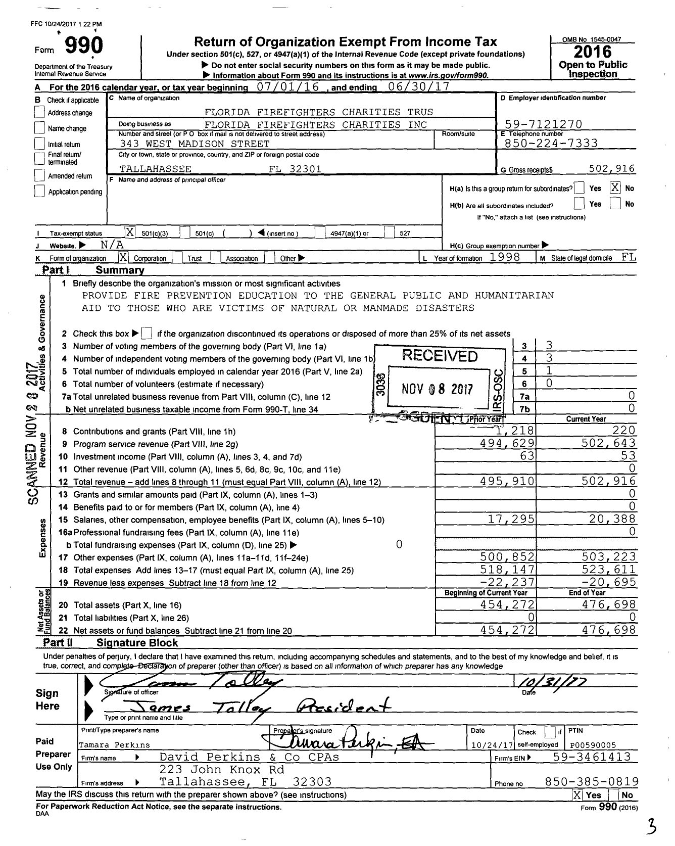 Image of first page of 2016 Form 990 for Florida Firefighters Charities Trust