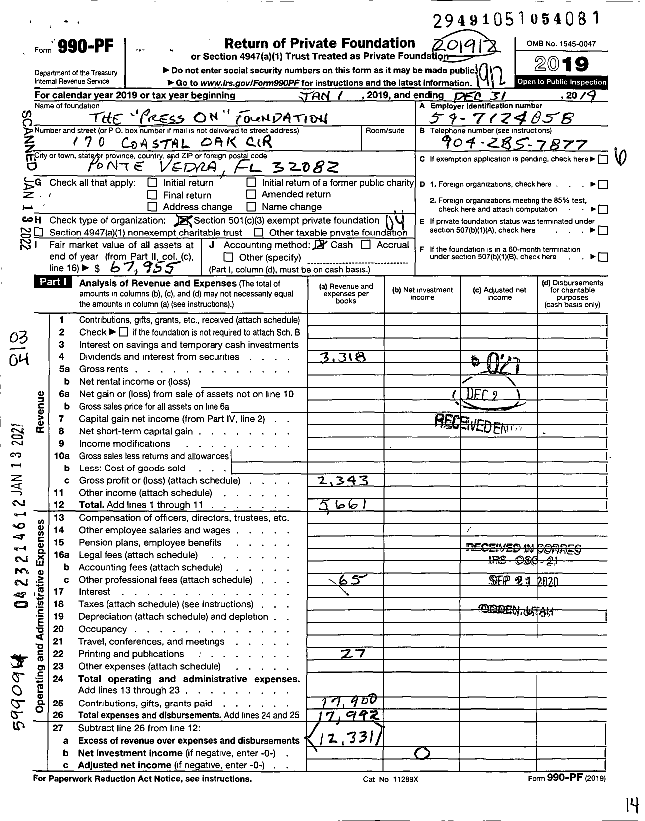 Image of first page of 2019 Form 990PF for The Press on Foundation