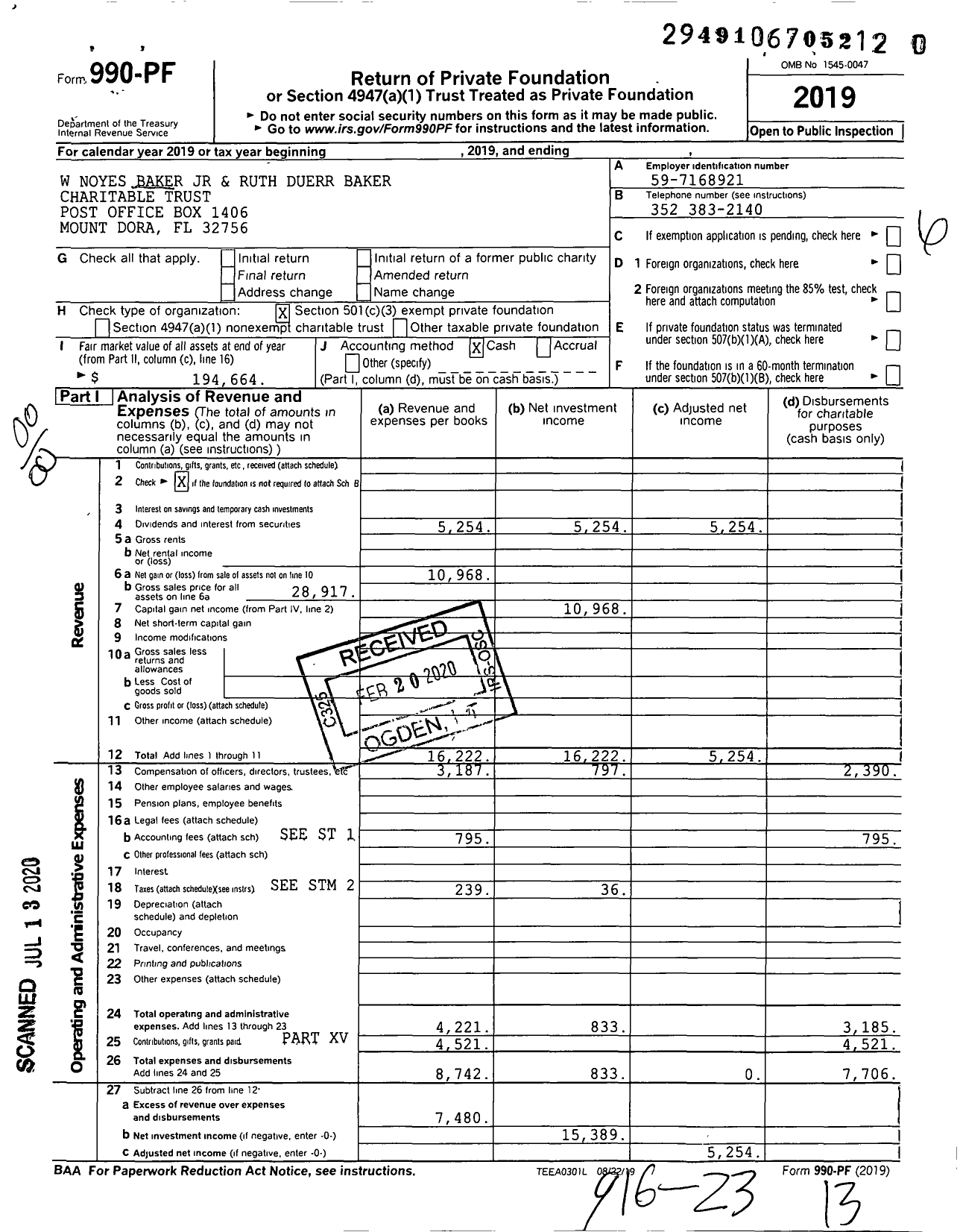 Image of first page of 2019 Form 990PR for W Noyes JR and Ruth Duerr Baker Charitable Trust