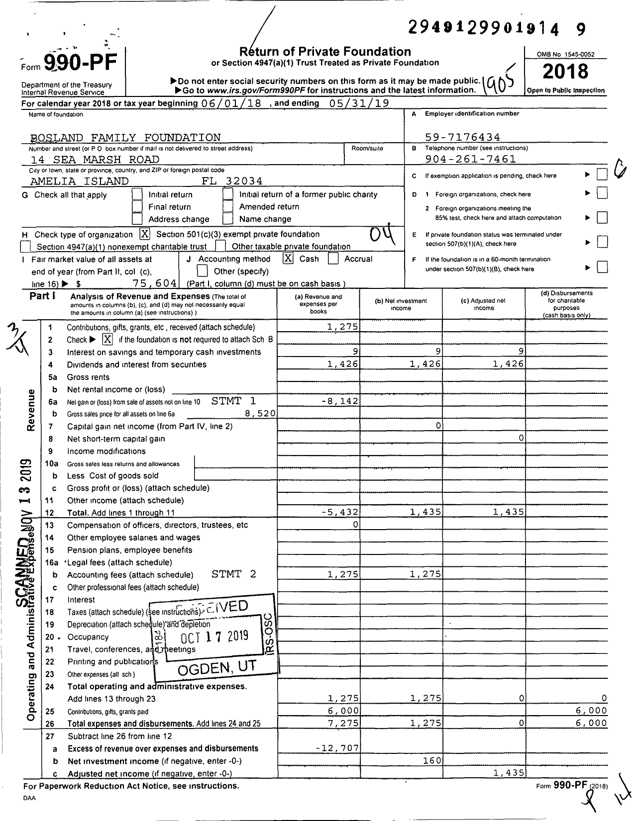 Image of first page of 2018 Form 990PF for Bosland Family Foundation