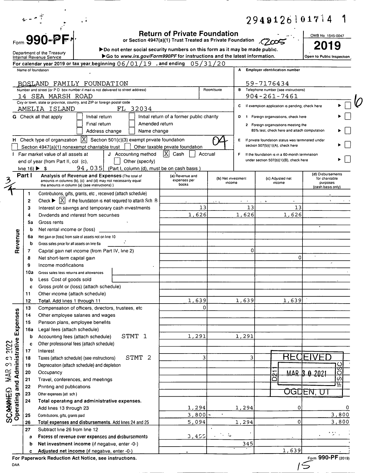 Image of first page of 2019 Form 990PF for Bosland Family Foundation