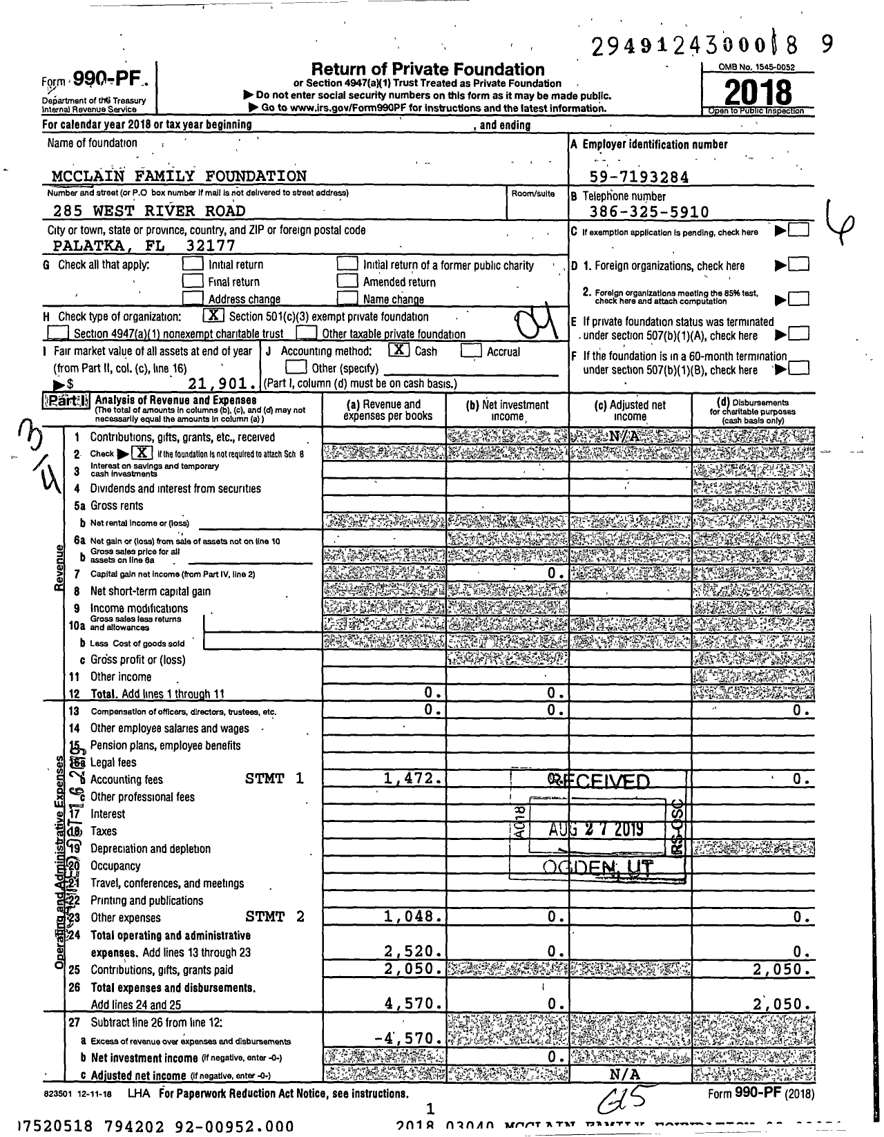 Image of first page of 2018 Form 990PF for Mcclain Family Foundation / Mcclain L Wayne & Julie L Ttees