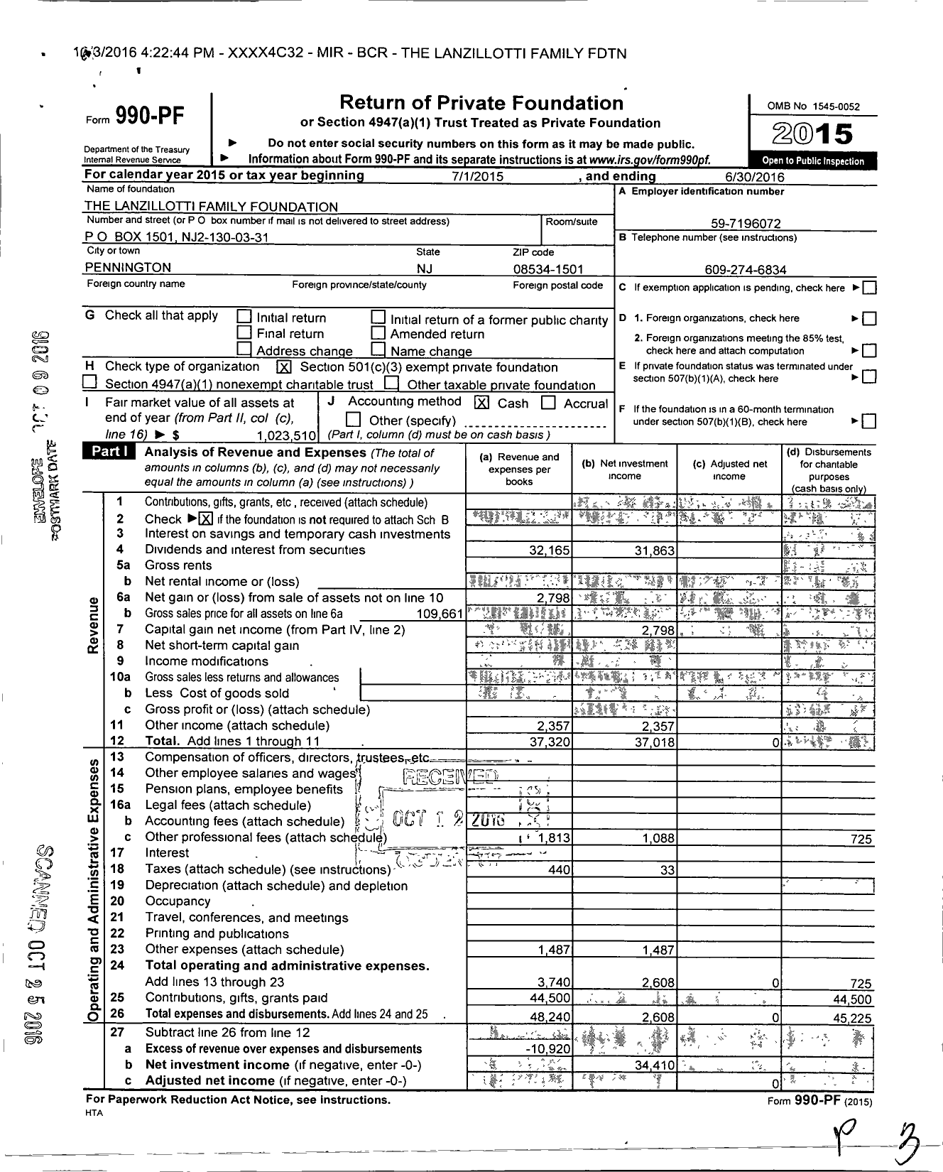Image of first page of 2015 Form 990PF for The Lanzillotti Family Foundation