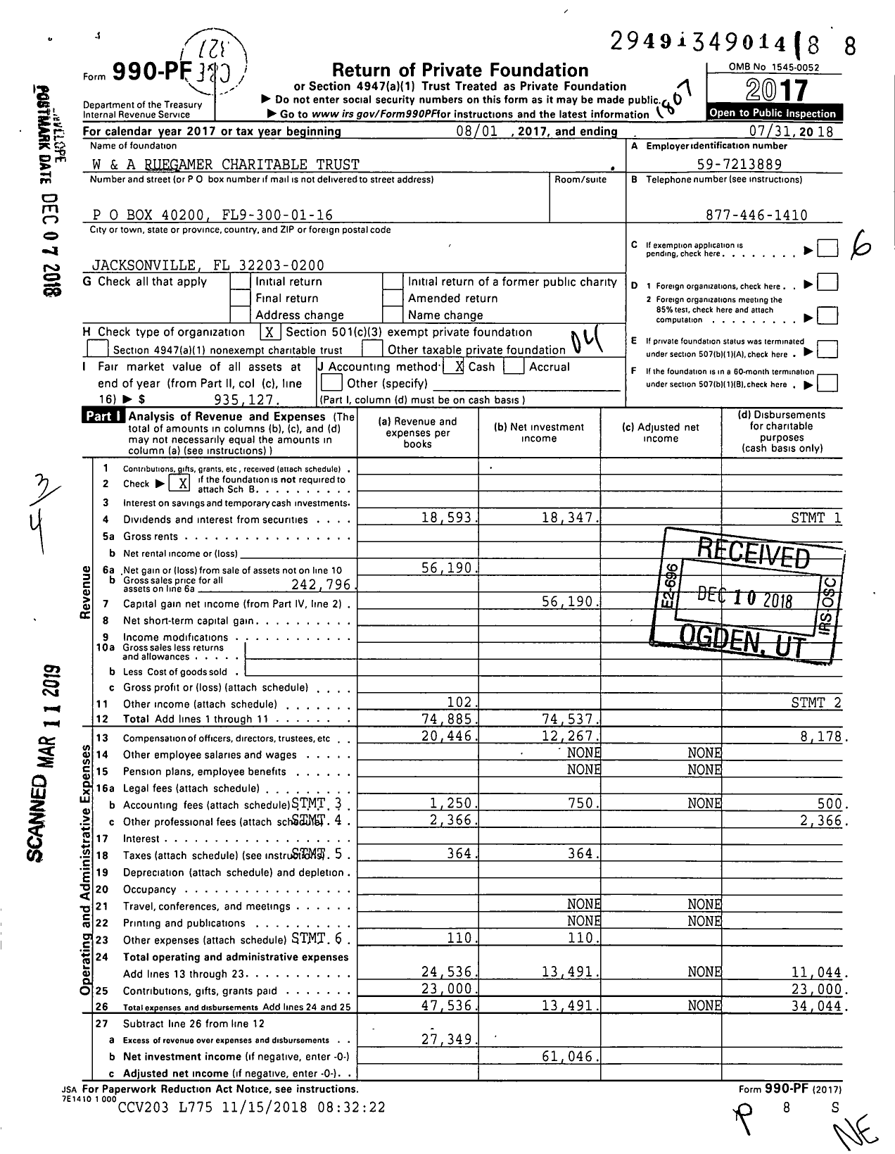 Image of first page of 2017 Form 990PF for W and A Ruegamer Charitable Trust