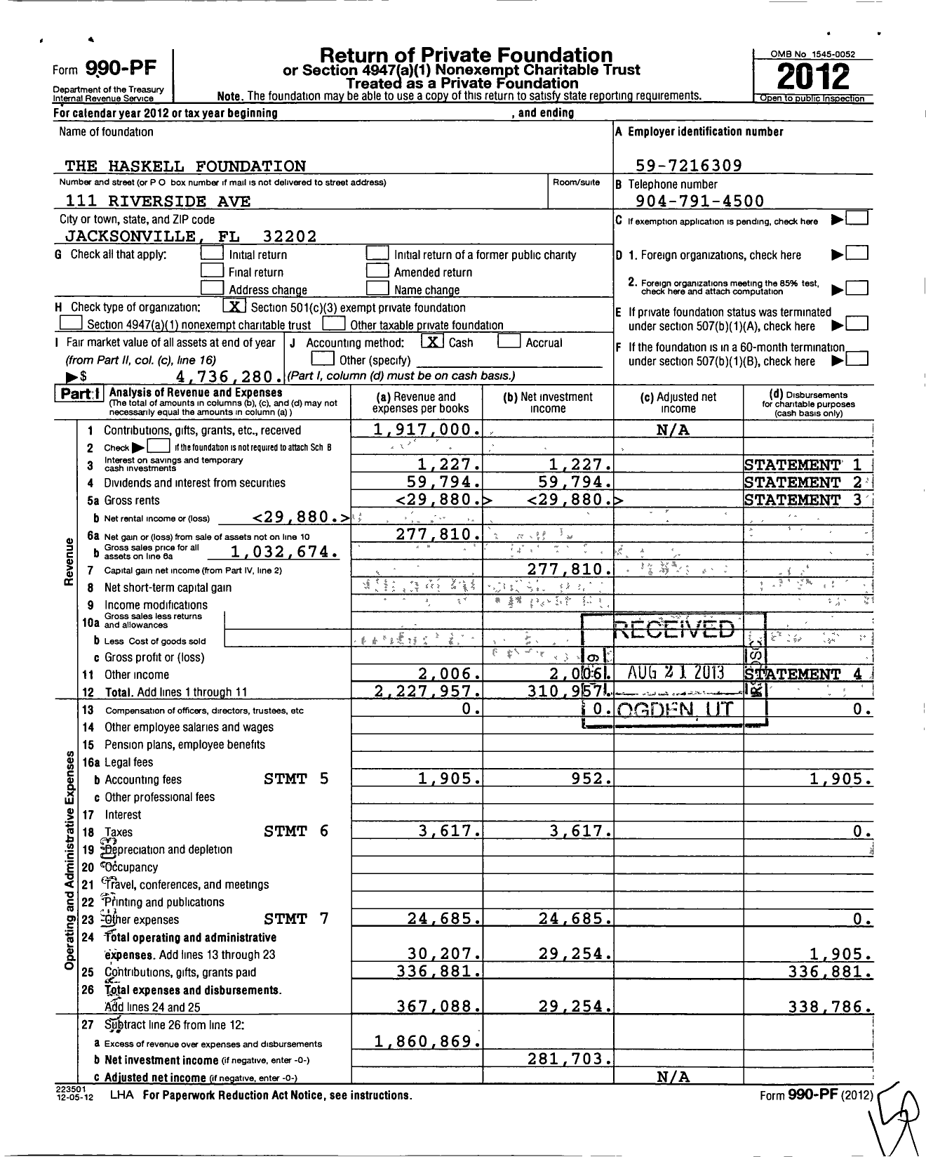 Image of first page of 2012 Form 990PF for The Haskell Foundation