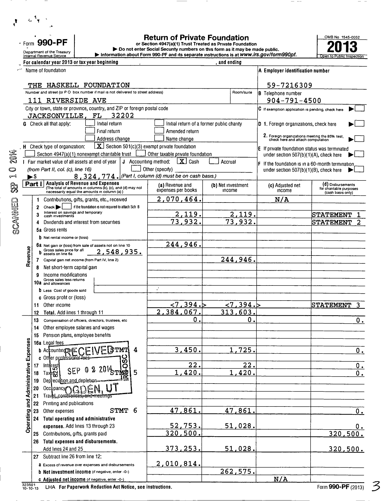 Image of first page of 2013 Form 990PF for The Haskell Foundation