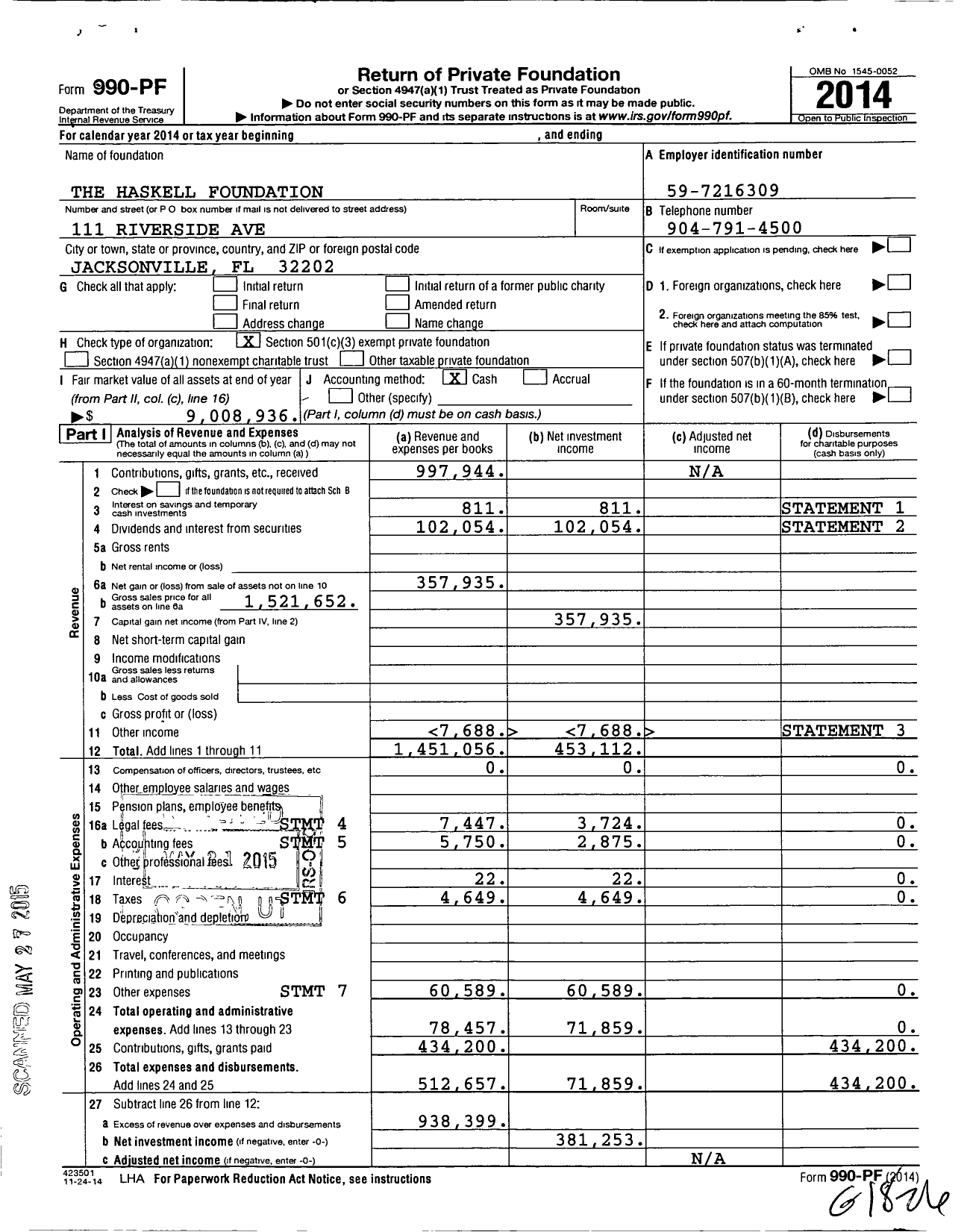 Image of first page of 2014 Form 990PF for The Haskell Foundation