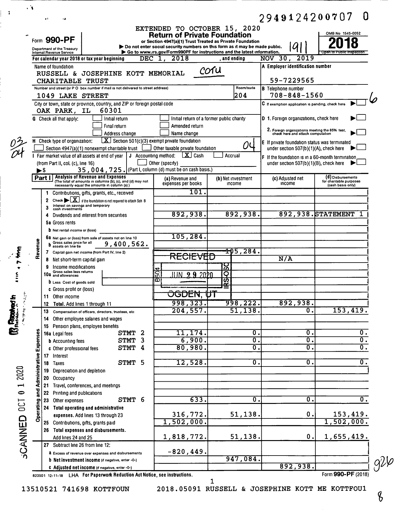 Image of first page of 2018 Form 990PR for Russell and Josephine Kott Memorial Charitable Trust