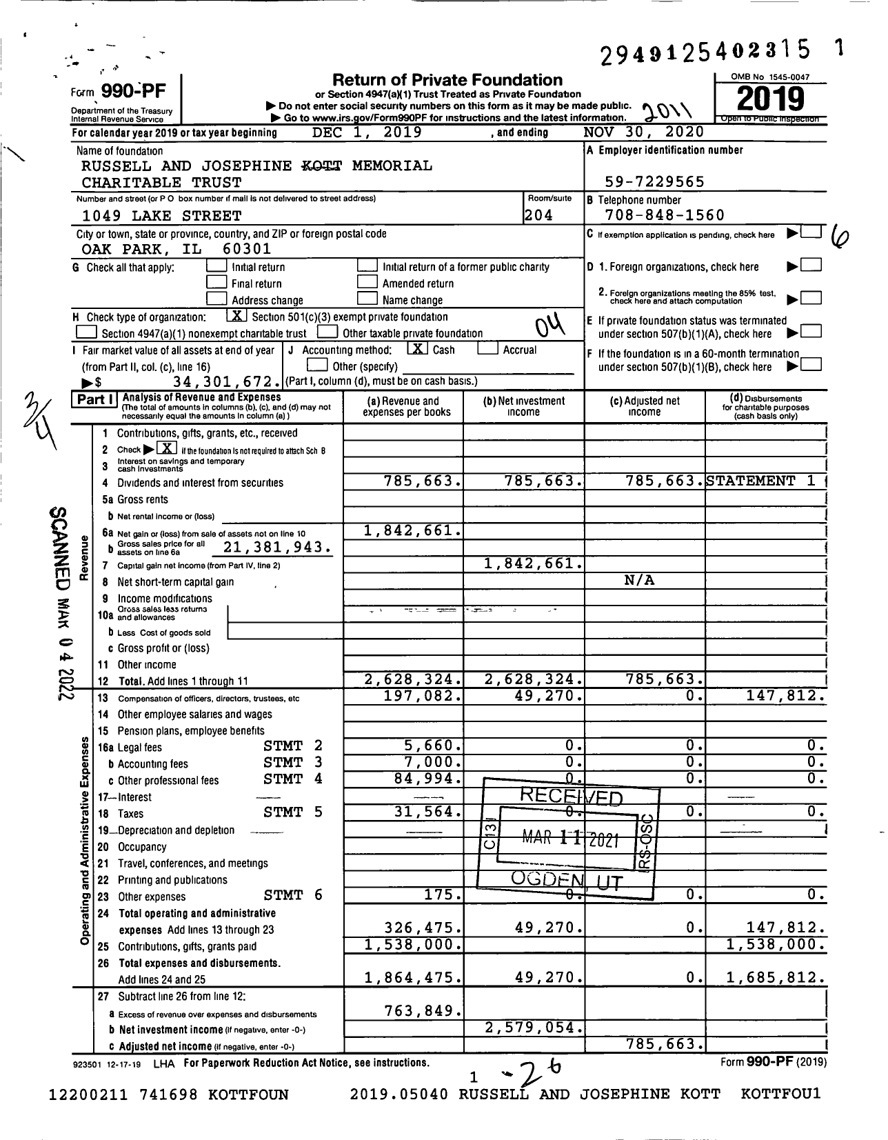 Image of first page of 2019 Form 990PF for Russell and Josephine Kott Memorial Charitable Trust