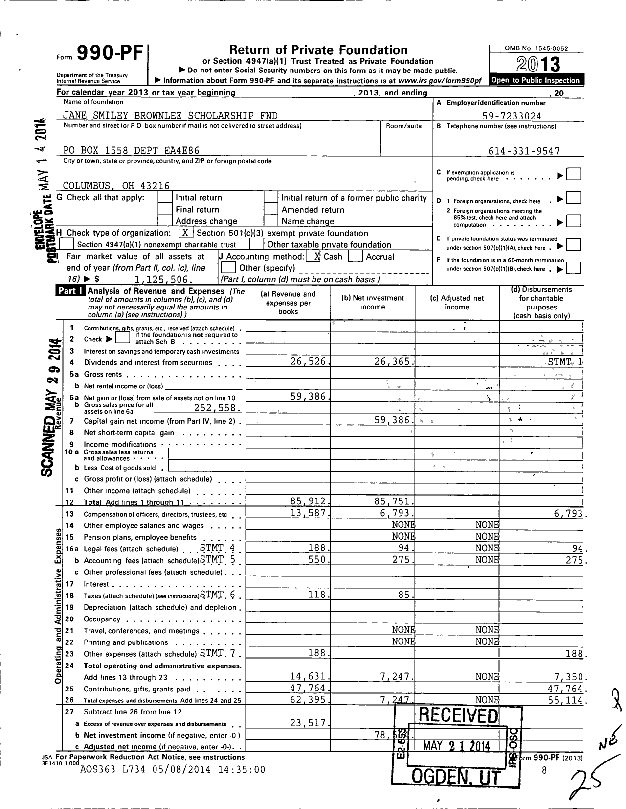 Image of first page of 2013 Form 990PF for Jane Smiley Brownlee Scholarship FND