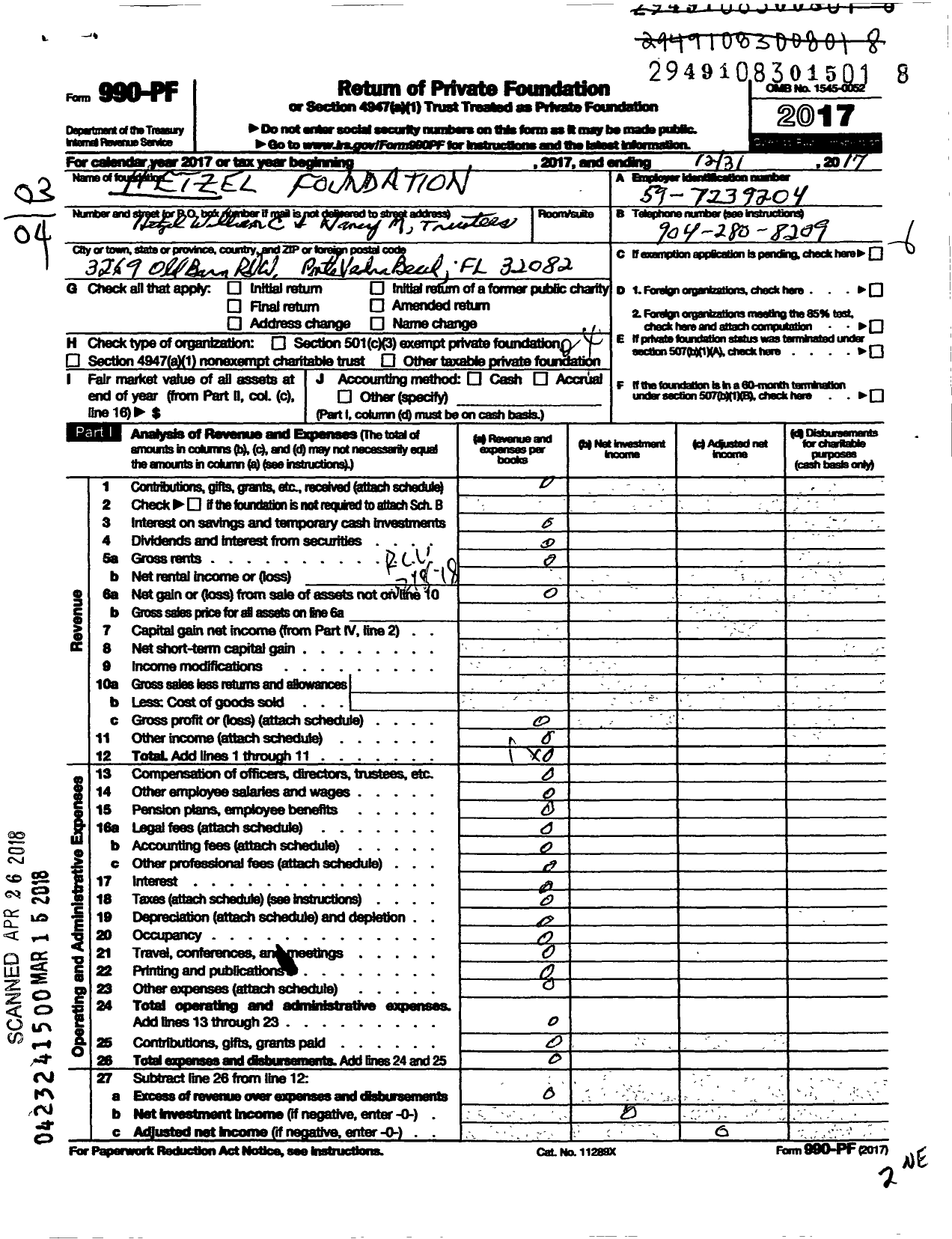 Image of first page of 2017 Form 990PF for Hetzel Foundation