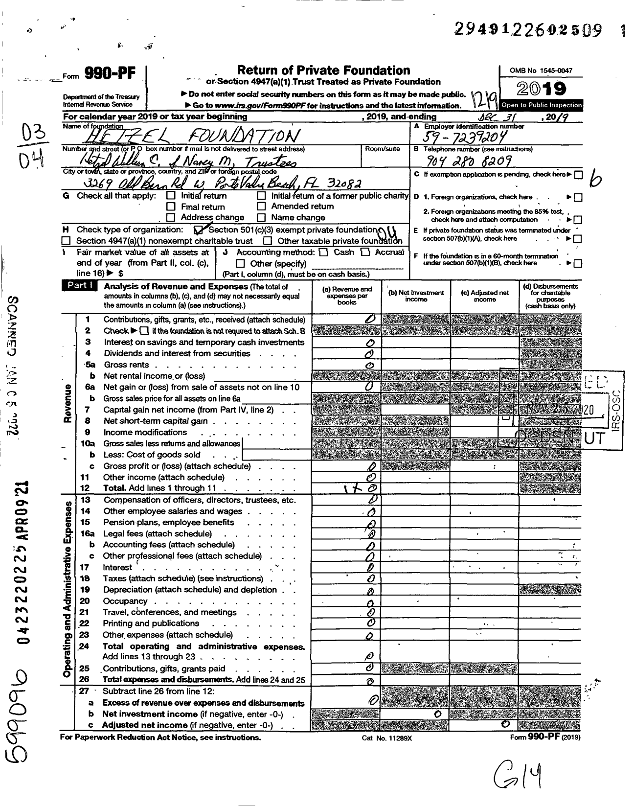 Image of first page of 2019 Form 990PF for Hetzel Foundation
