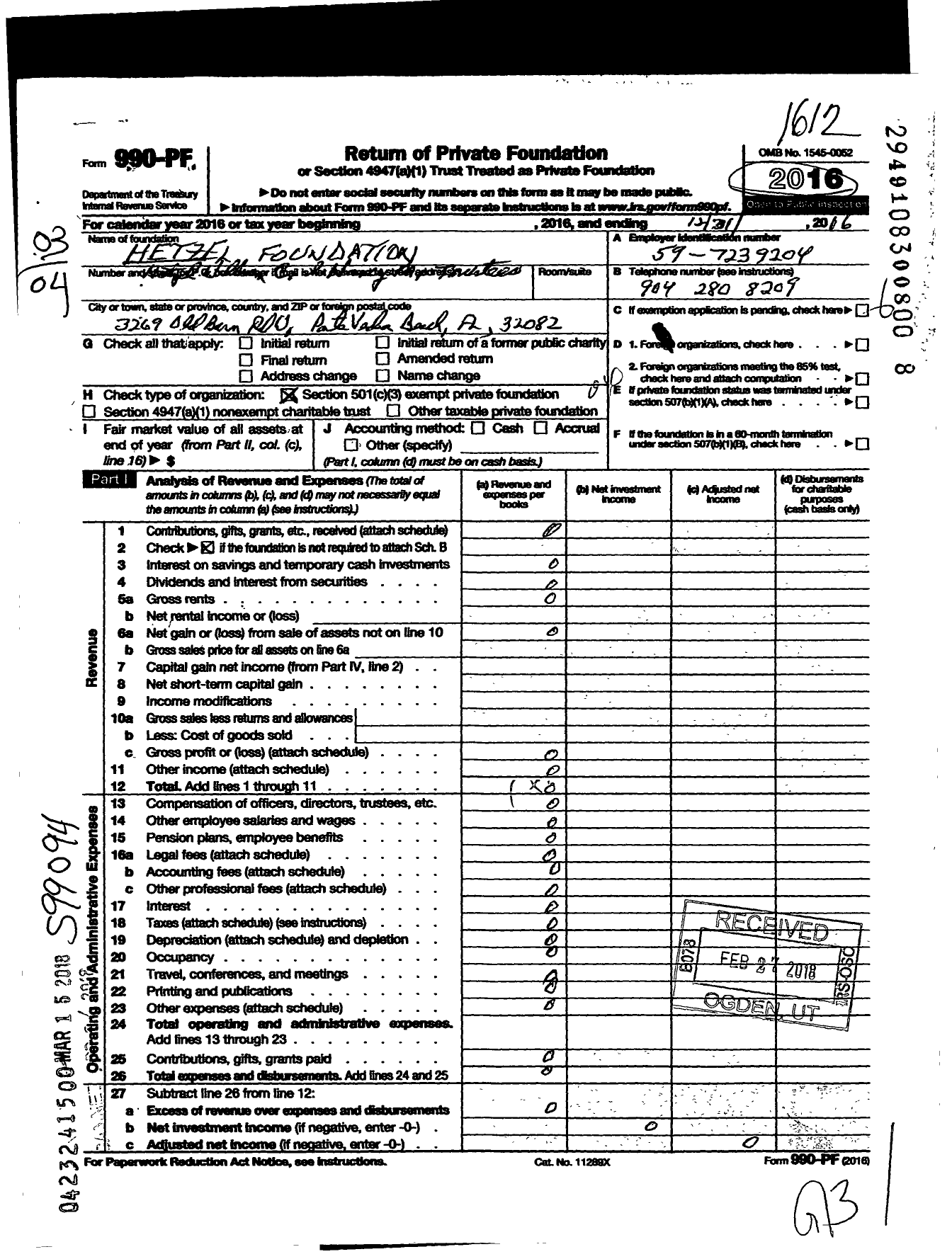 Image of first page of 2016 Form 990PF for Hetzel Foundation
