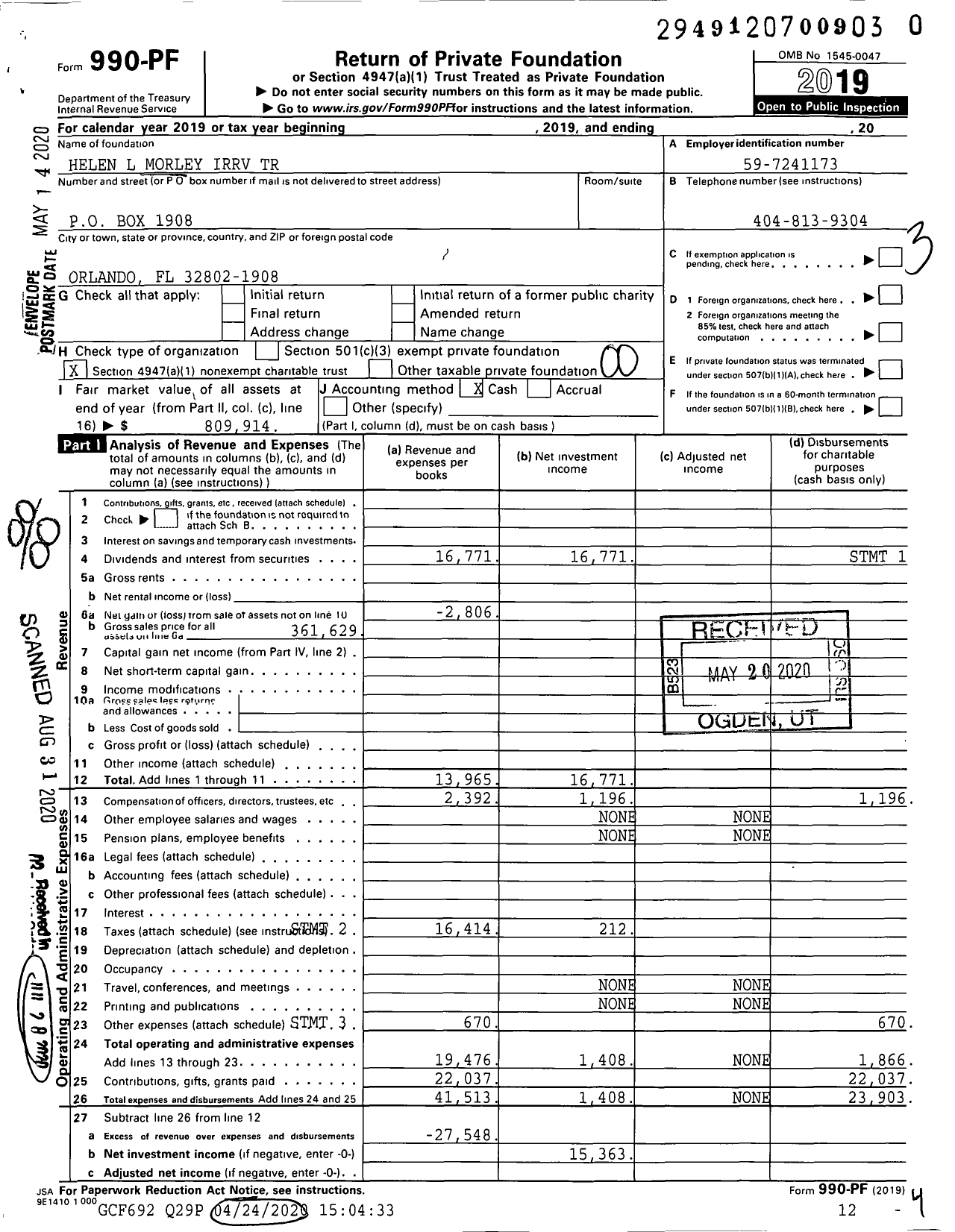 Image of first page of 2019 Form 990PR for Helen L Morley Irrv Trust