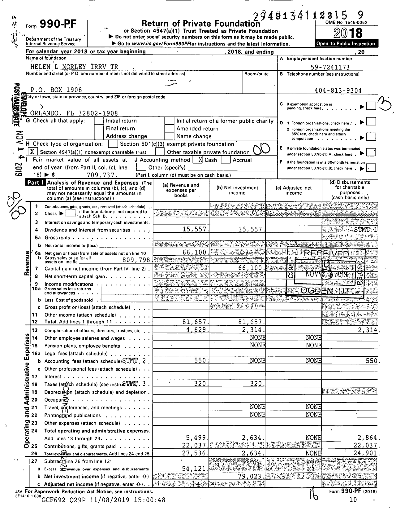 Image of first page of 2018 Form 990PF for Helen L Morley Irrv Trust