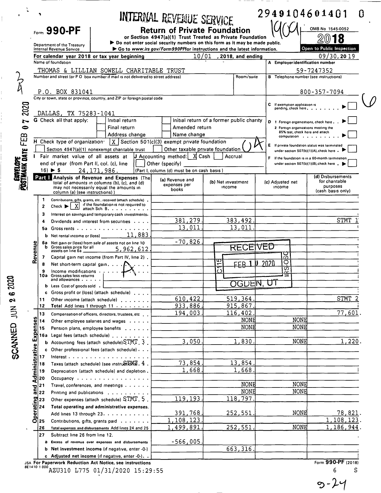 Image of first page of 2018 Form 990PR for Thomas and Lillian Sowell Charitable Trust