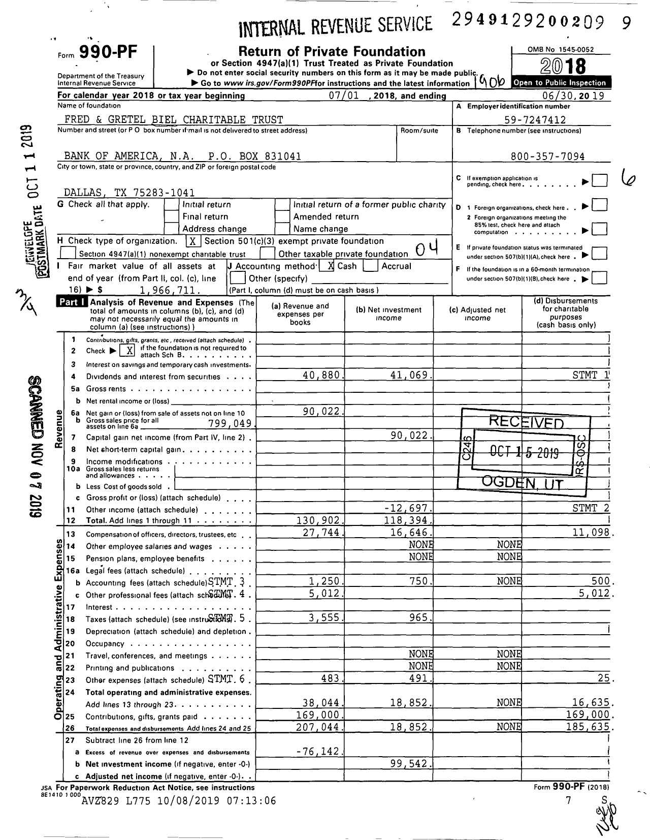 Image of first page of 2018 Form 990PF for Fred and Gretel Biel Charitable Trust