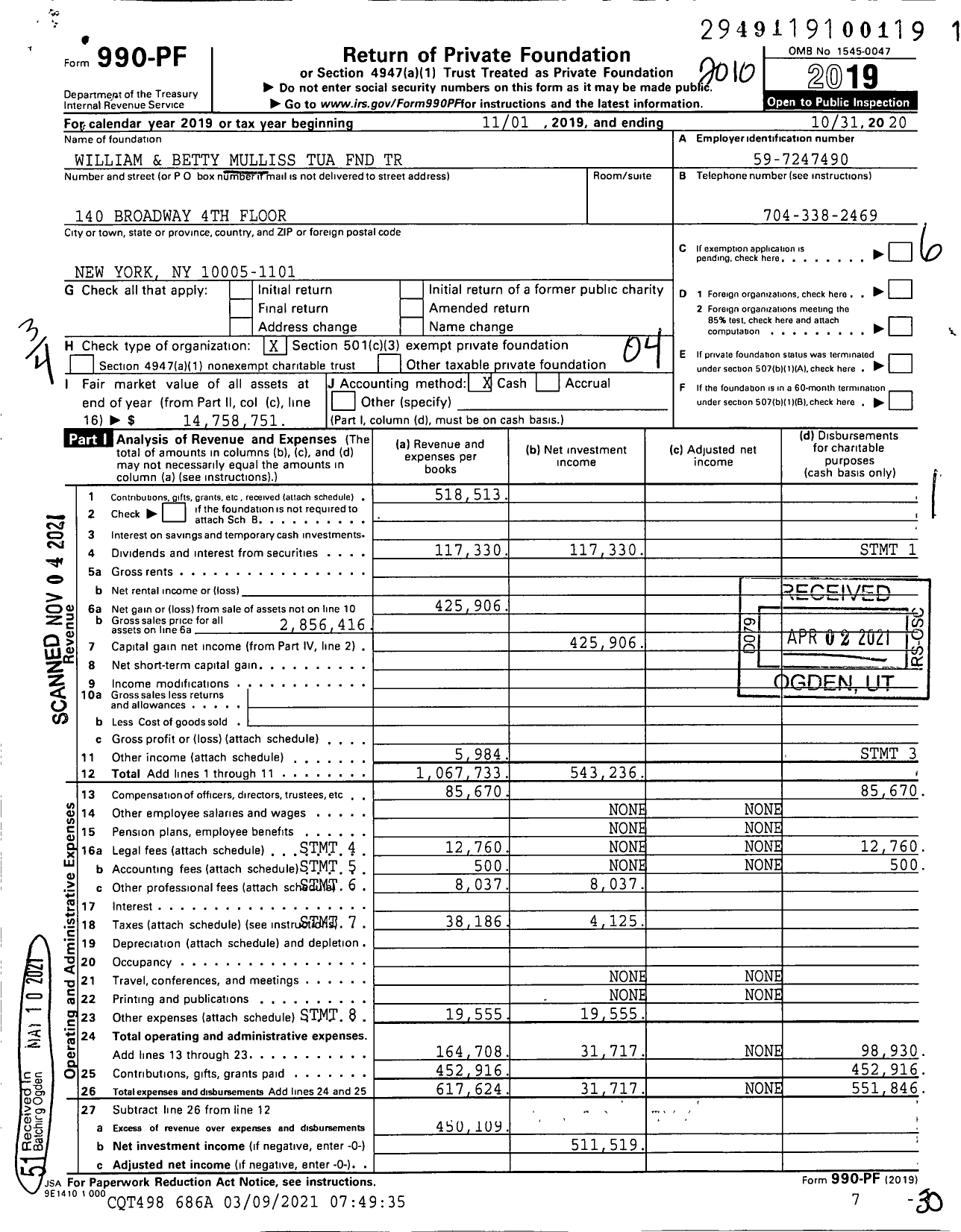 Image of first page of 2019 Form 990PF for William and Betty Mullis Tua FND Trust