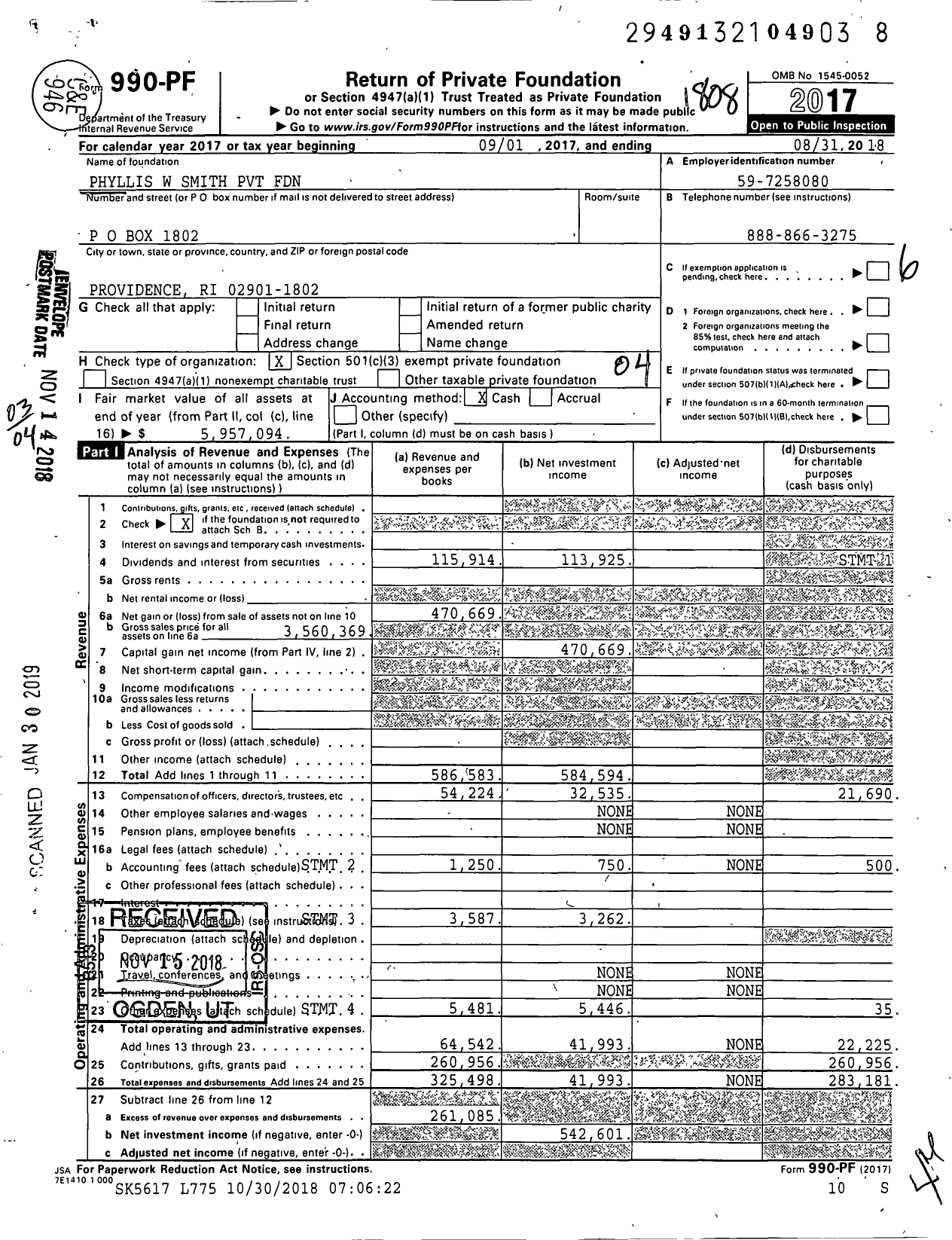 Image of first page of 2017 Form 990PF for Phyllis W Smith PVT Foundation