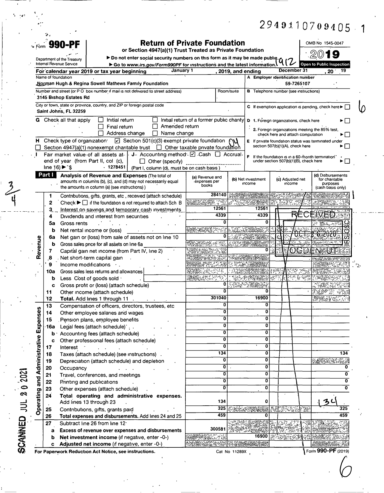 Image of first page of 2019 Form 990PF for Norman Hugh and Regina Sowell Mathews Family Foundation Trust