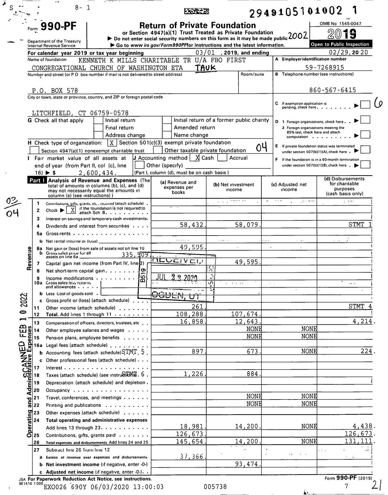 Image of first page of 2019 Form 990PF for Kenneth K Mills Charitable TR Fbo First