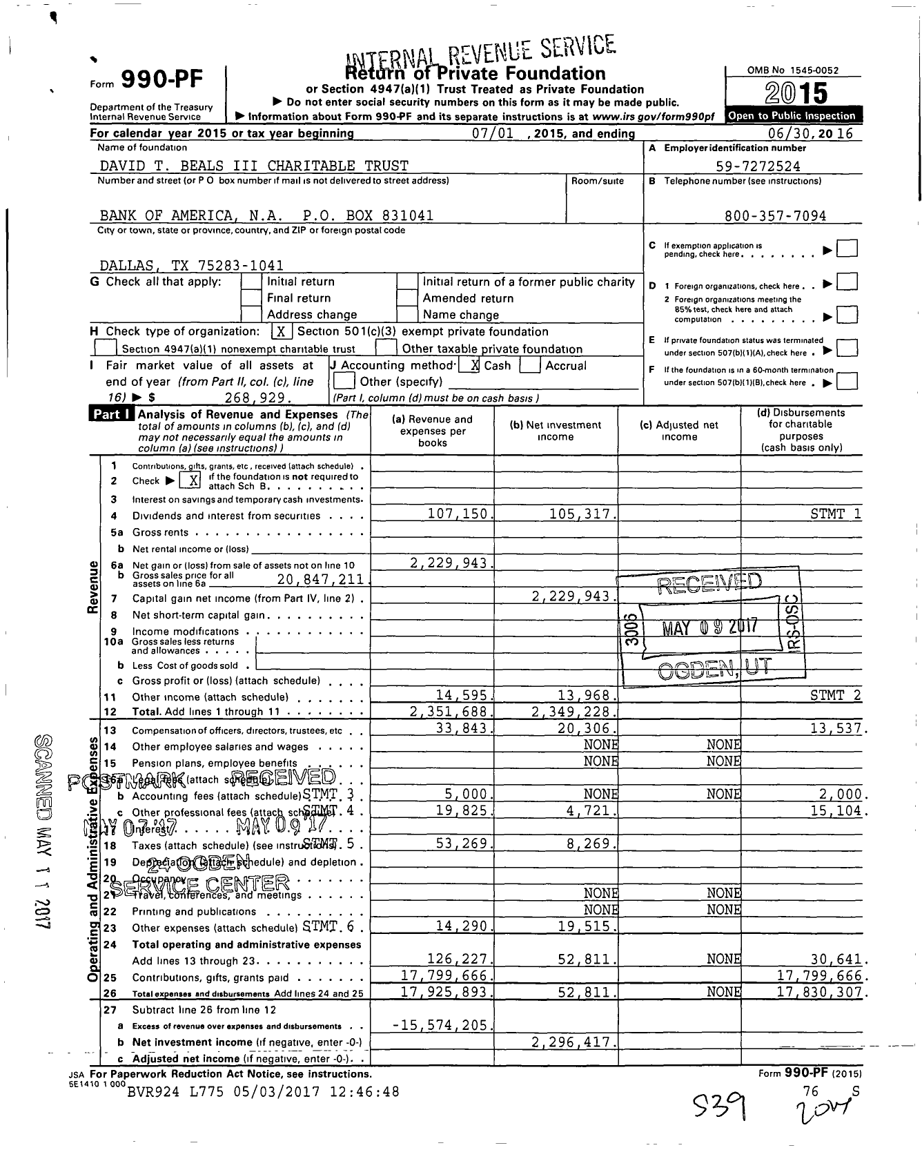 Image of first page of 2015 Form 990PF for David T Beals Iii Charitable Trust
