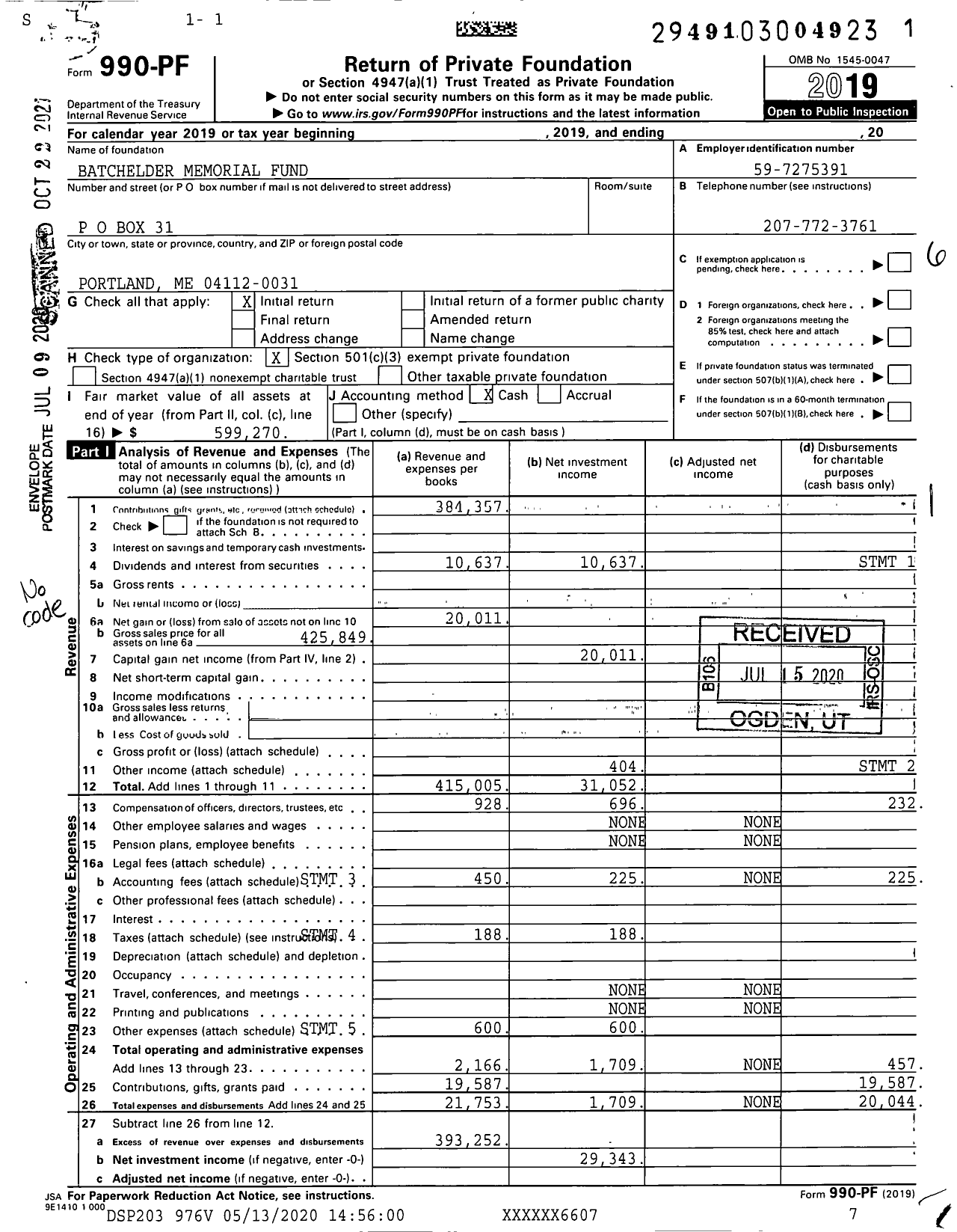 Image of first page of 2019 Form 990PF for Lloyd W Batchelder and Winona S Batchelder