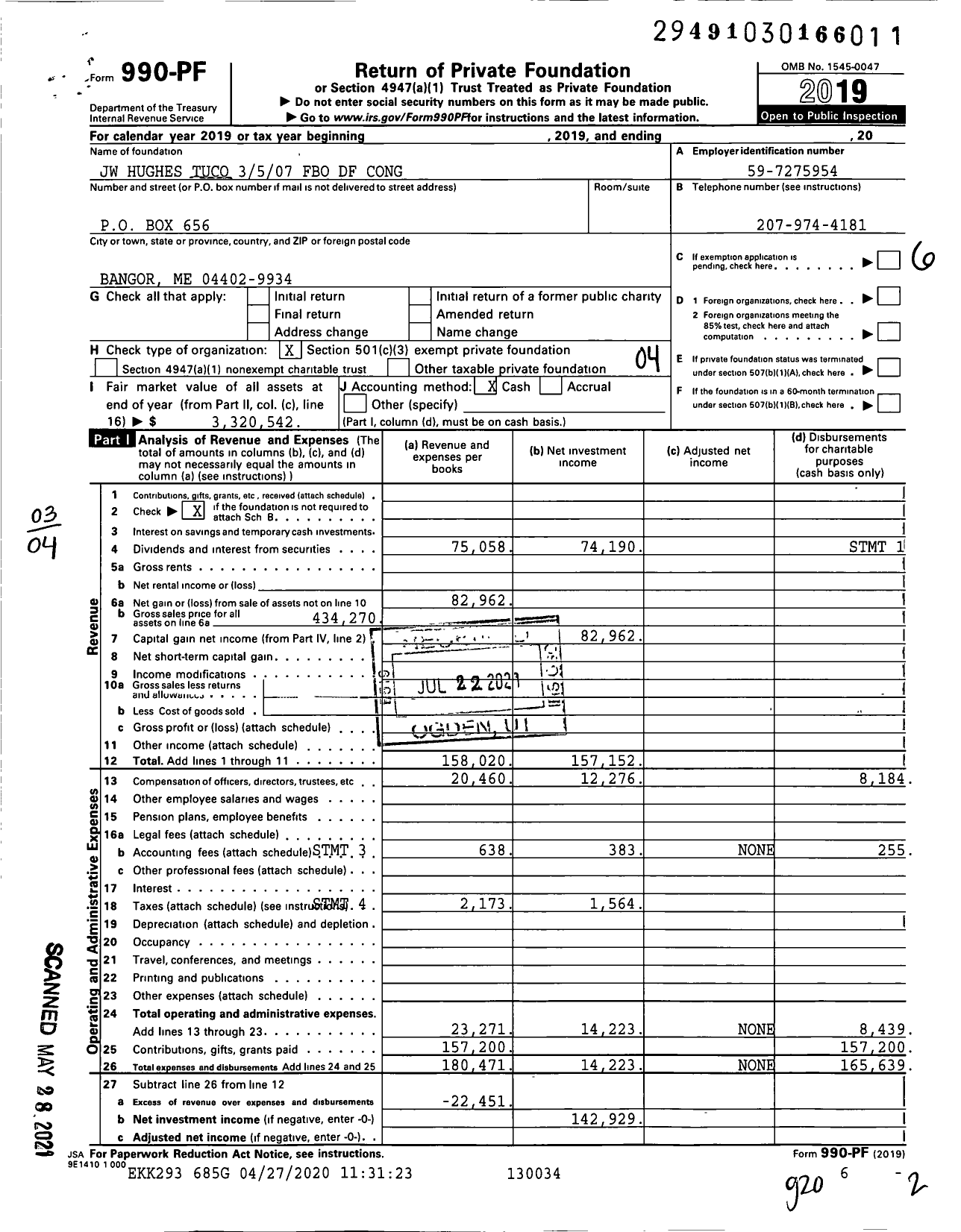 Image of first page of 2019 Form 990PF for JW Hughes Tuco 3507 Fbo DF Cong