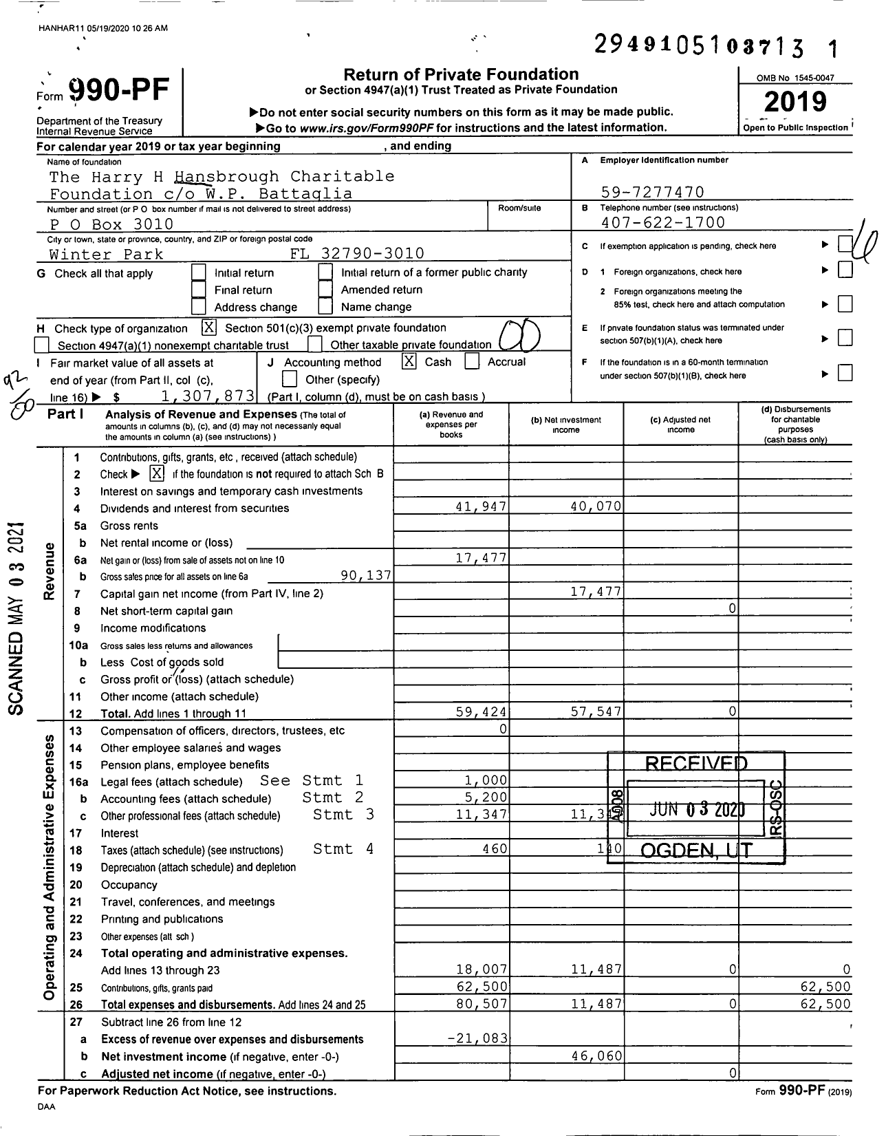 Image of first page of 2019 Form 990PF for The Harry H Hansbrough Charitable Foundation