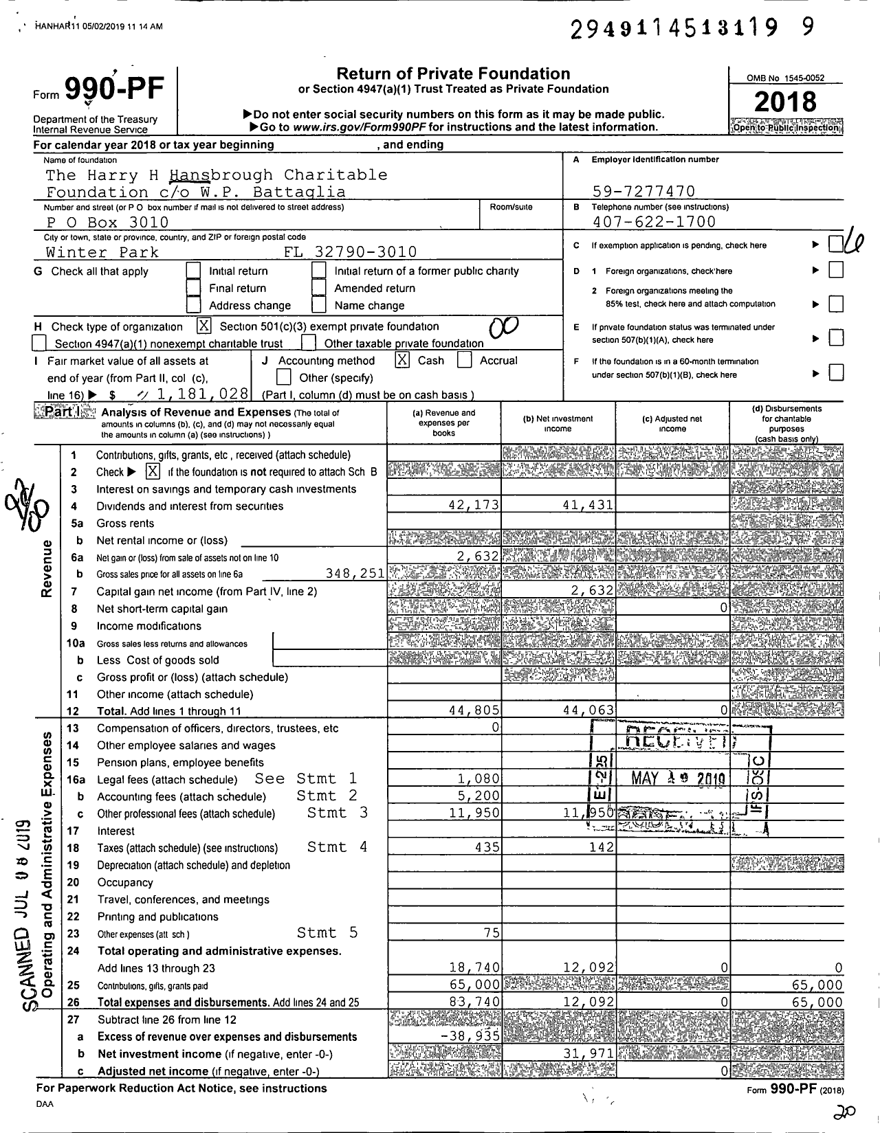 Image of first page of 2018 Form 990PF for The Harry H Hansbrough Charitable Foundation