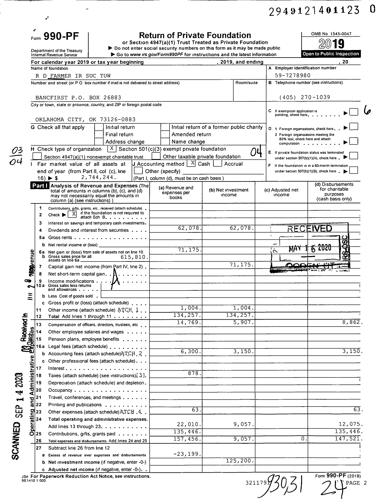 Image of first page of 2019 Form 990PR for R D Farmer Ir Suc Tuw