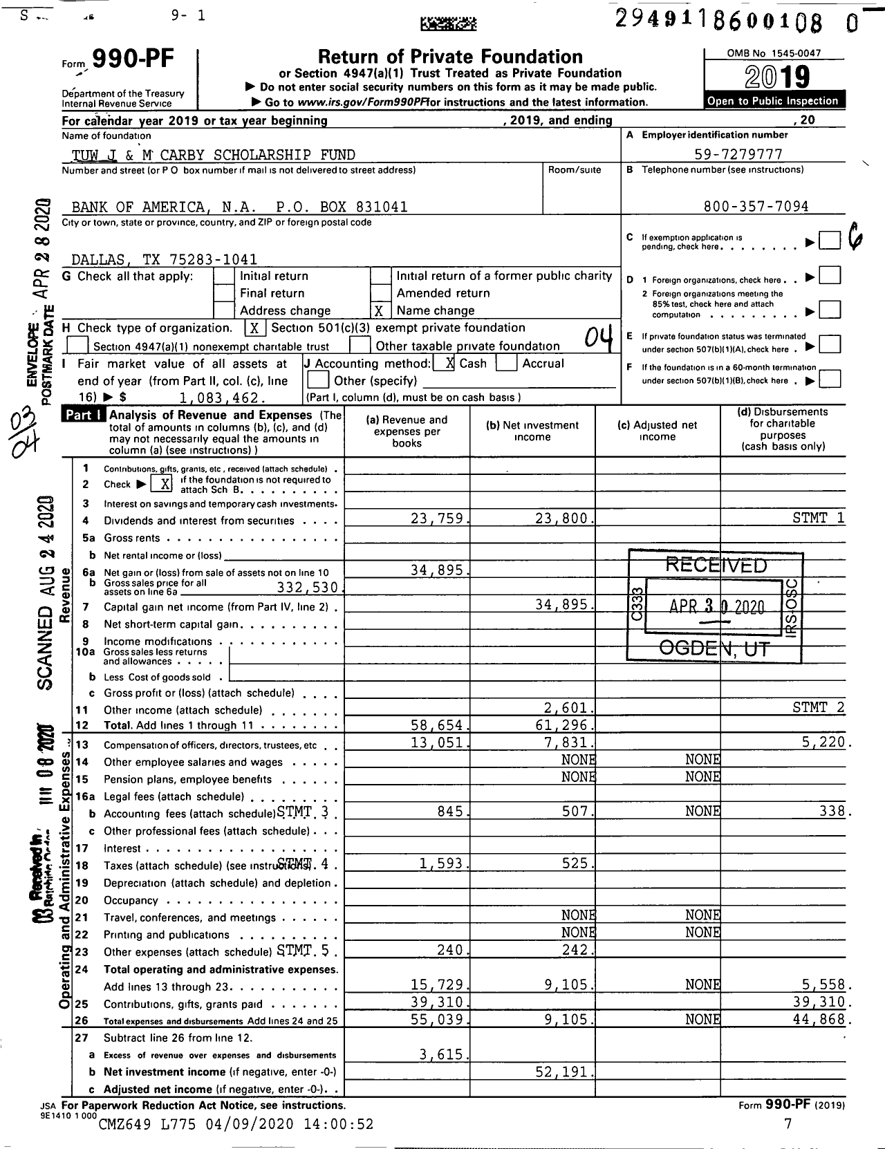 Image of first page of 2019 Form 990PR for Jim and Midge Carby Scholarship Fund