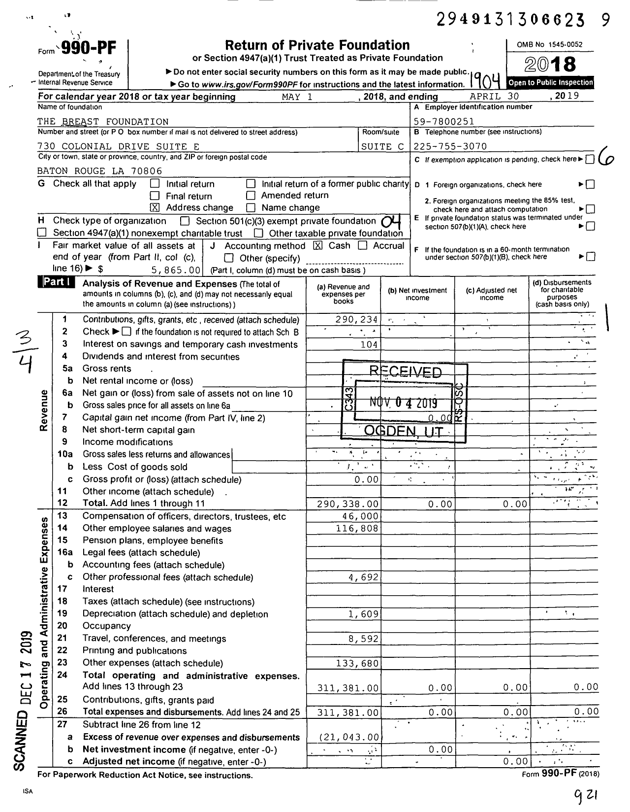 Image of first page of 2018 Form 990PF for Breast Foundation