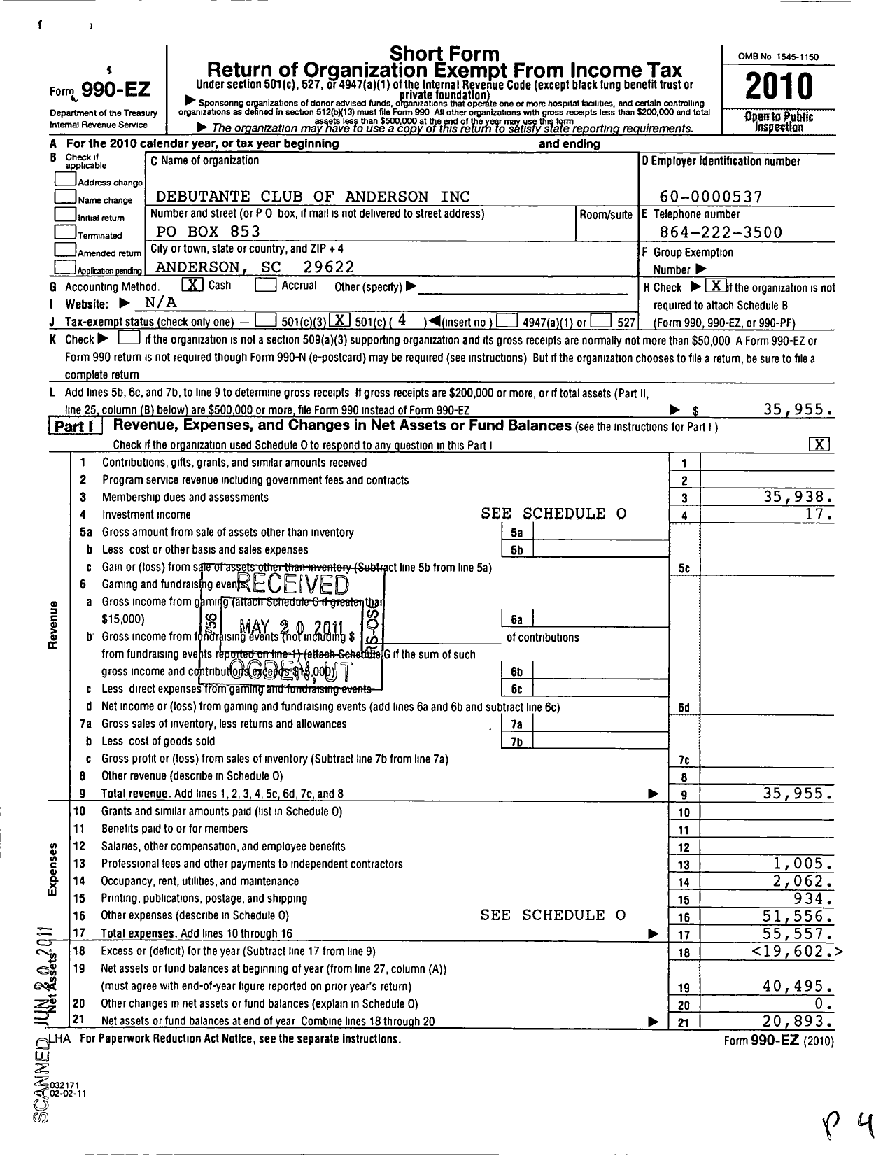 Image of first page of 2010 Form 990EO for Debutante Club of Anderson