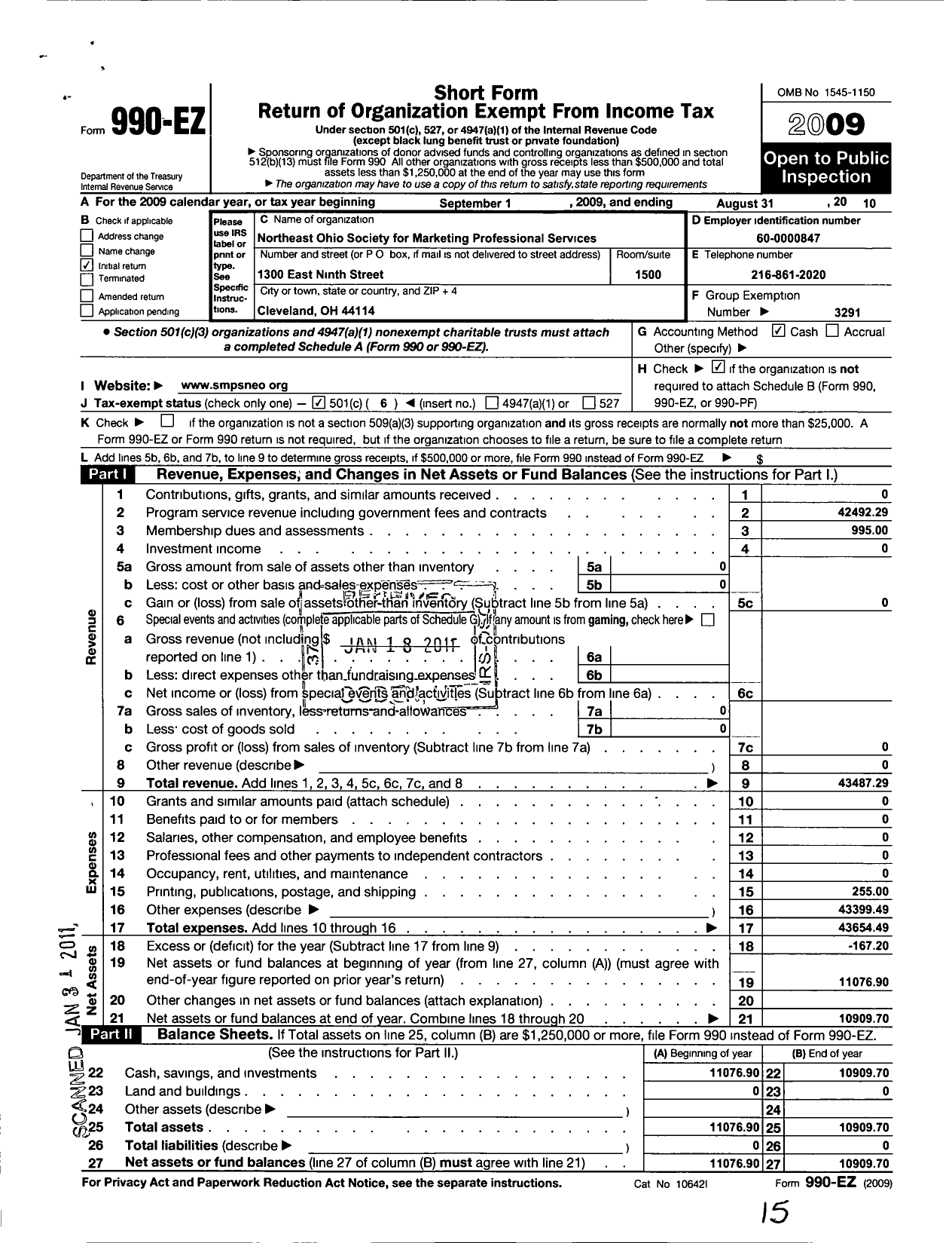 Image of first page of 2009 Form 990EO for Society for Marketing Professional Services / Northeast Ohio Chapter of SMPS