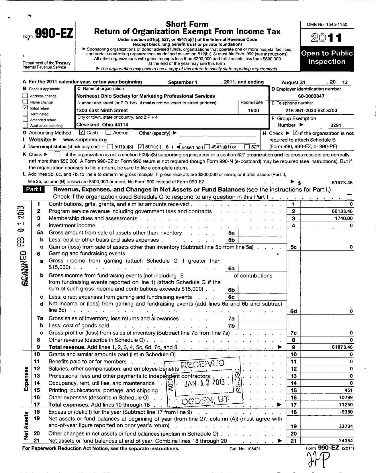 Image of first page of 2011 Form 990EO for Society for Marketing Professional Services / Northeast Ohio Chapter of SMPS