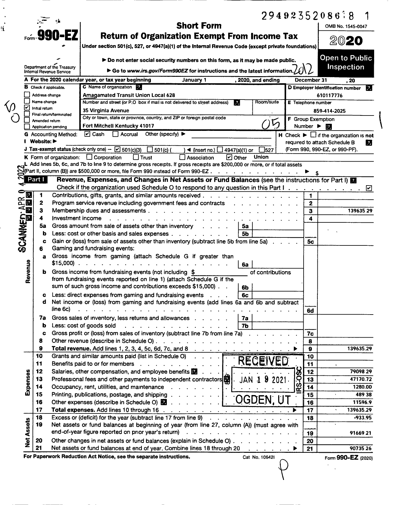 Image of first page of 2020 Form 990EO for Amalgamated Transit Union - 628 Local