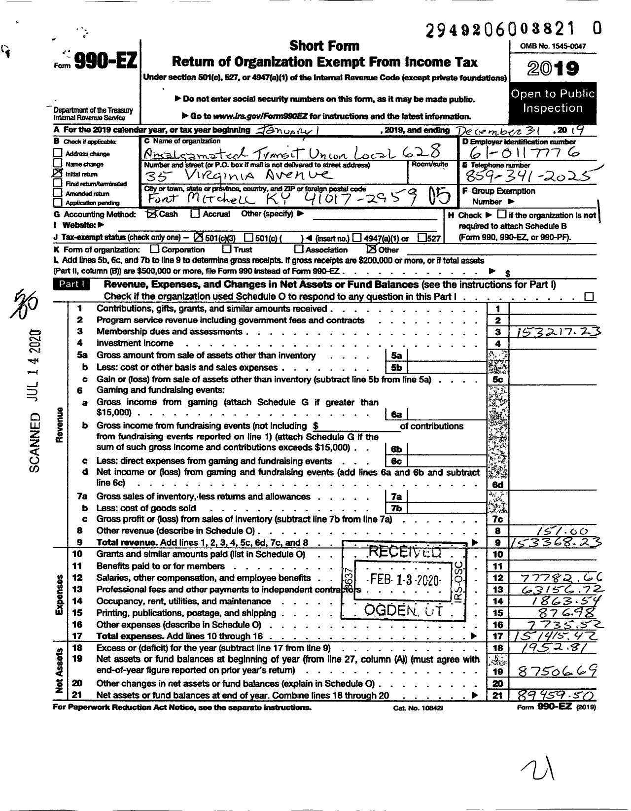 Image of first page of 2019 Form 990EO for Amalgamated Transit Union - 628 Local