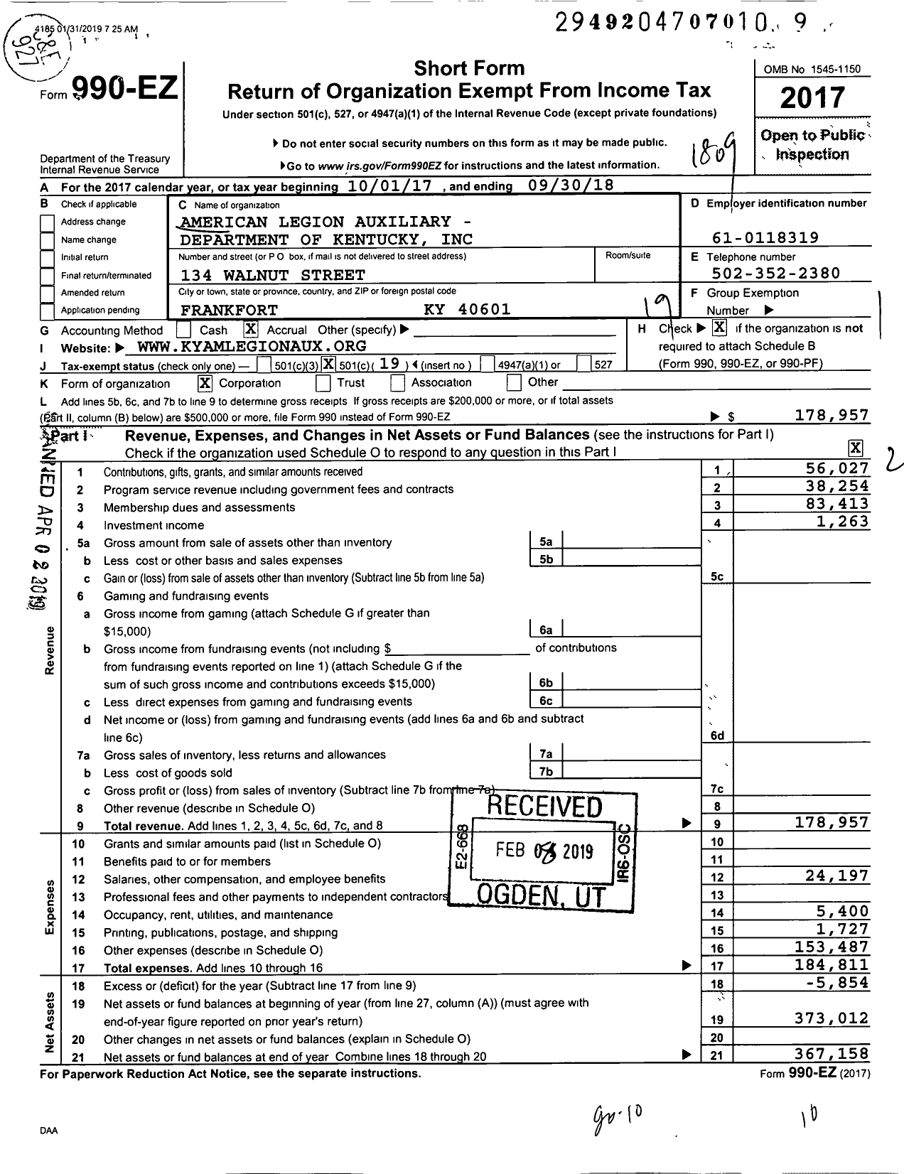 Image of first page of 2017 Form 990EO for American Legion Auxiliary - 200 Department of Kentucky