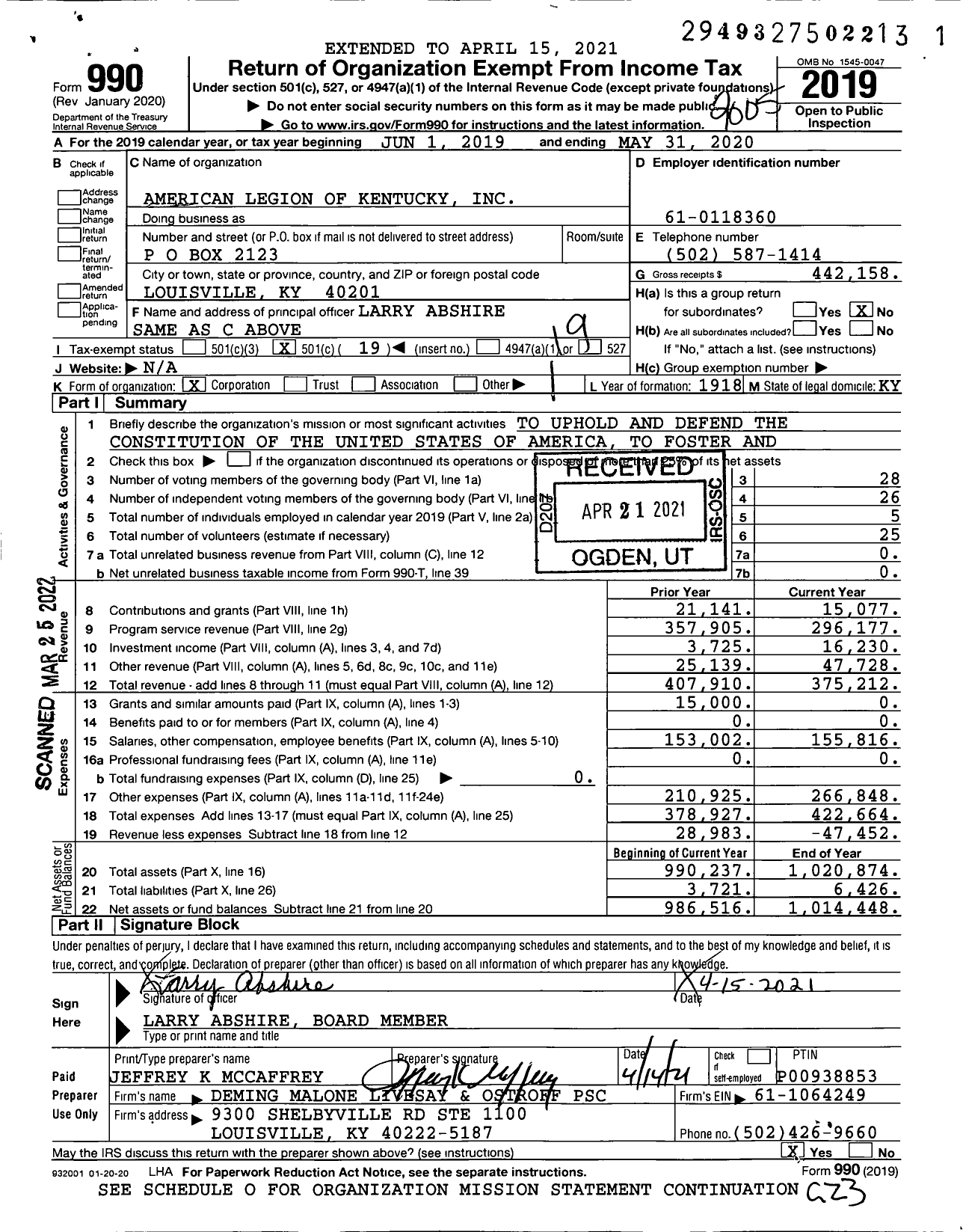 Image of first page of 2019 Form 990O for American Legion - Department Headquarters