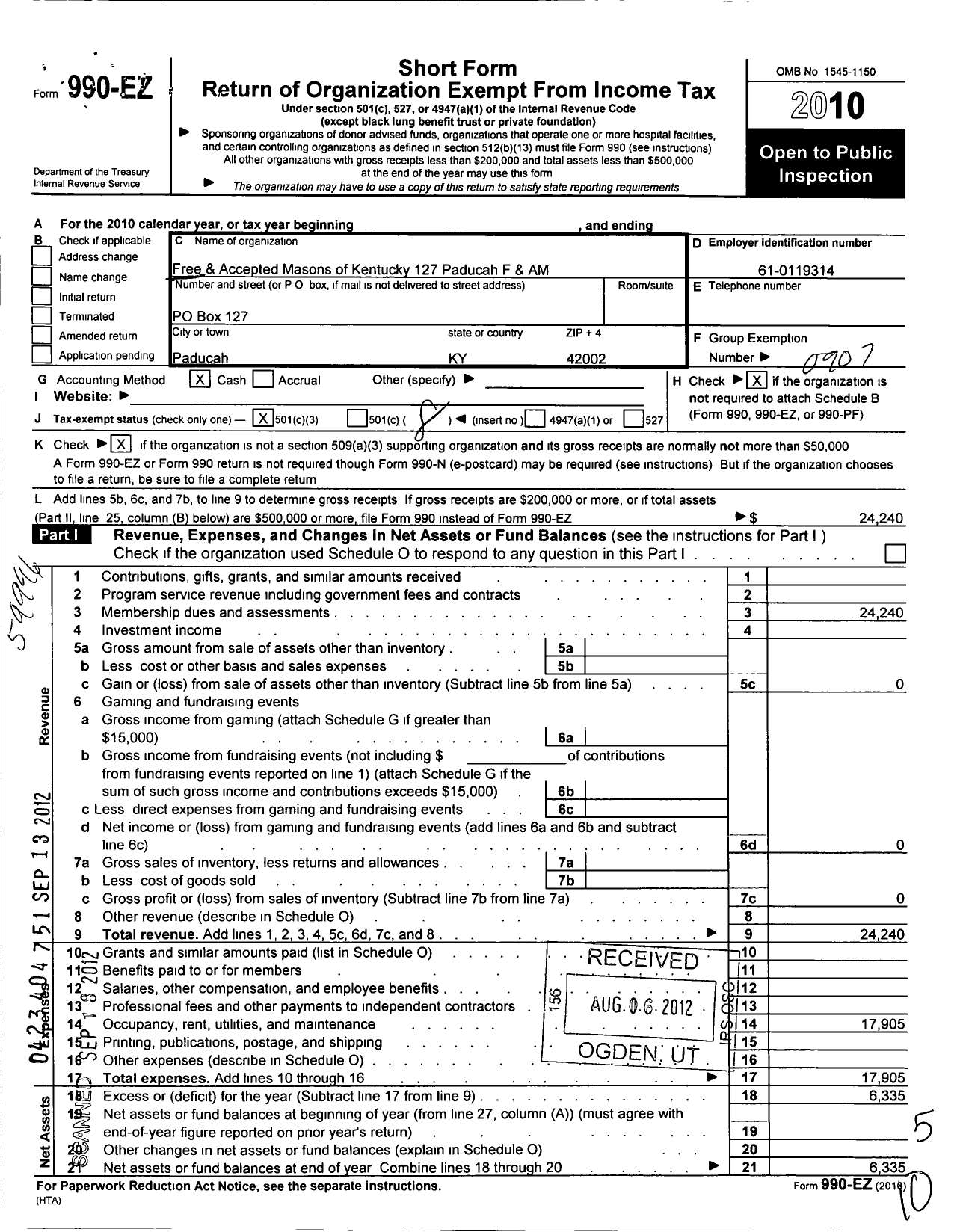 Image of first page of 2010 Form 990EO for Free and Accepted Masons of Kentucky - 127 Paducah F and A M