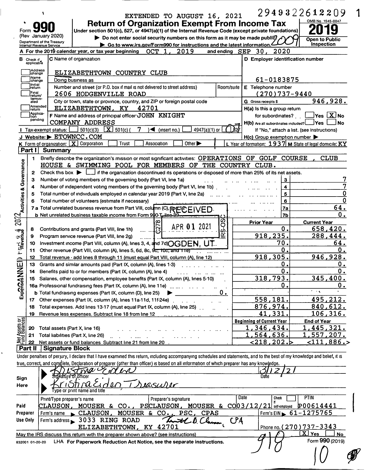 Image of first page of 2019 Form 990O for Elizabethtown Country Club