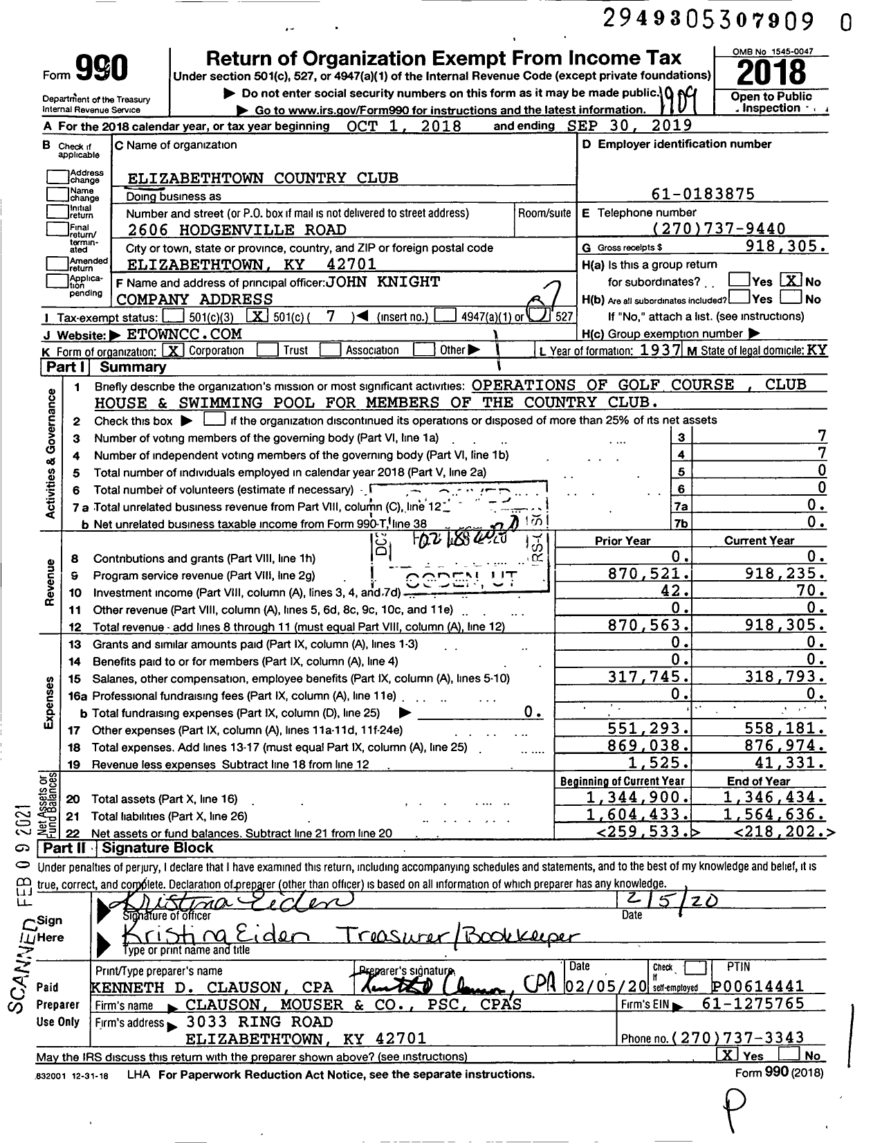 Image of first page of 2018 Form 990O for Elizabethtown Country Club