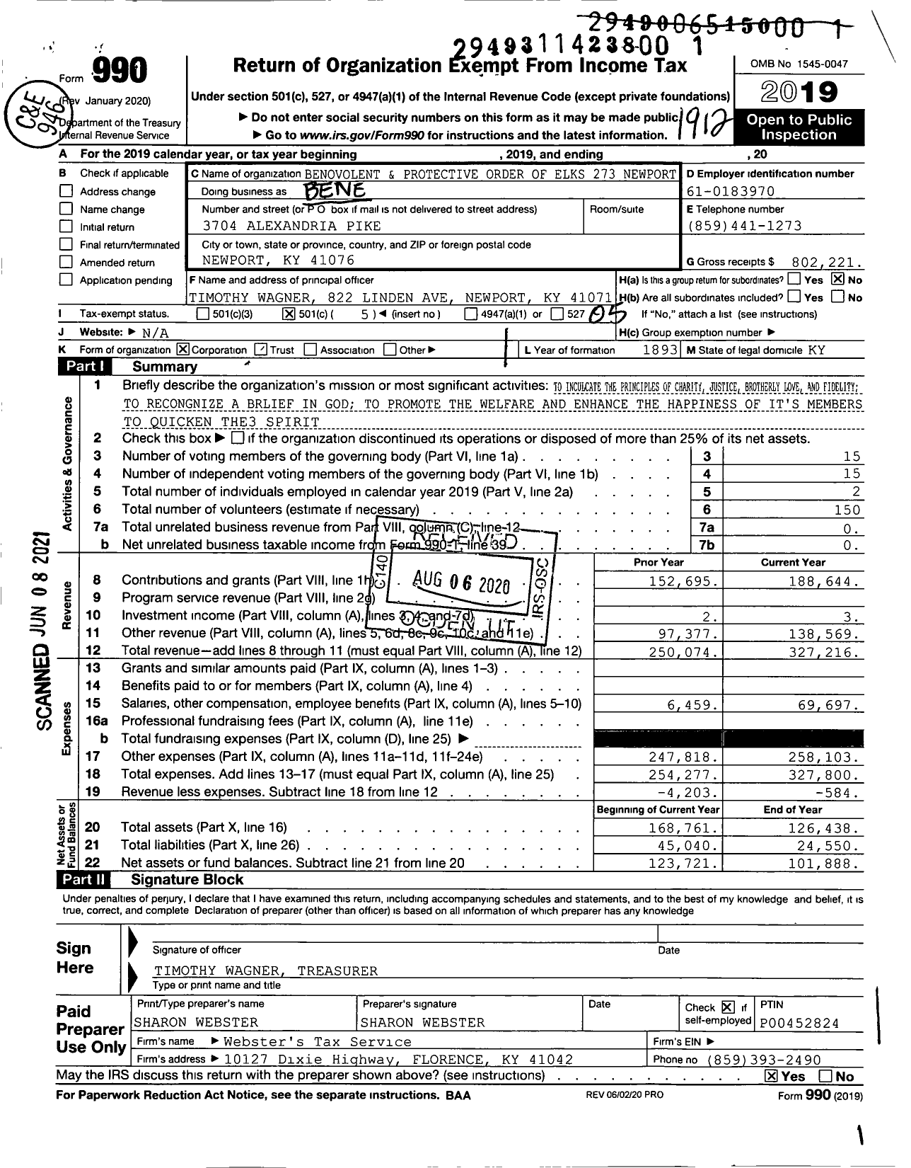 Image of first page of 2019 Form 990O for Benevolent and Protective Order of Elks - 273 Newport