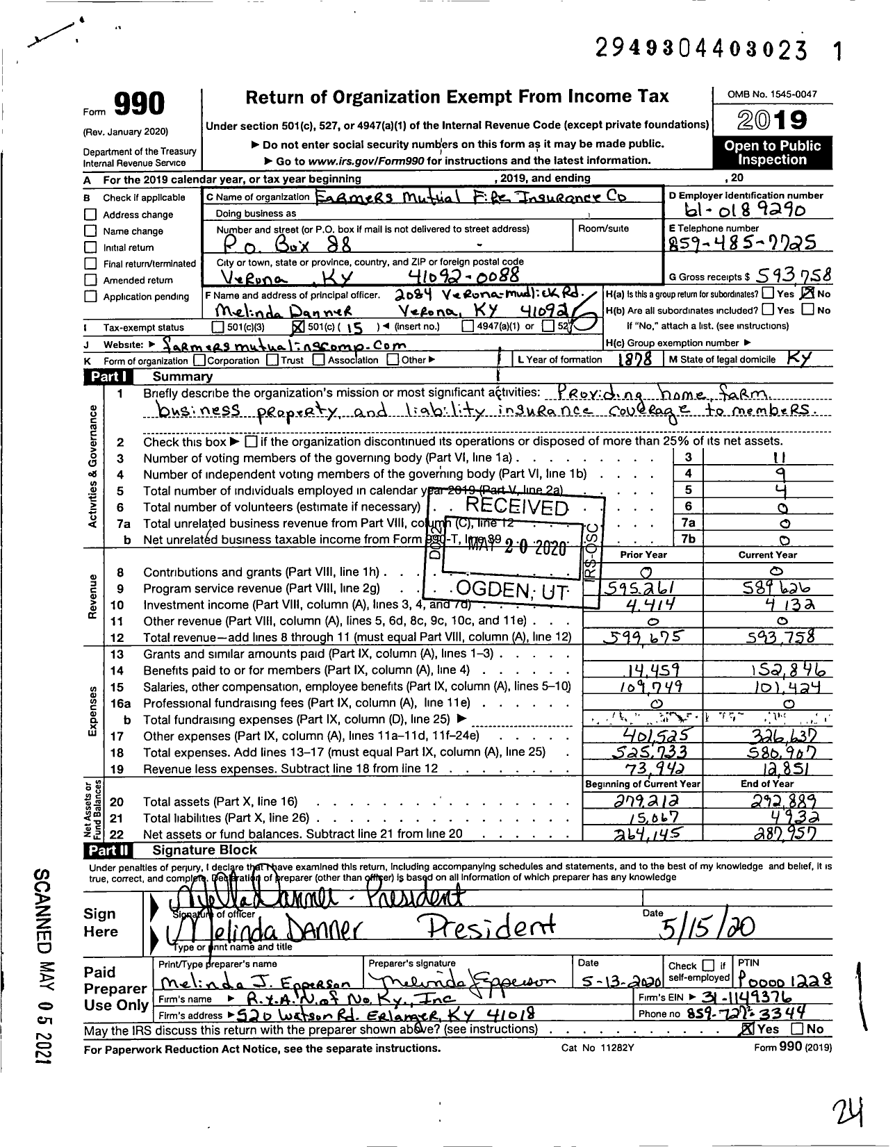 Image of first page of 2019 Form 990O for Farmers Mutual Fire Insurance Company