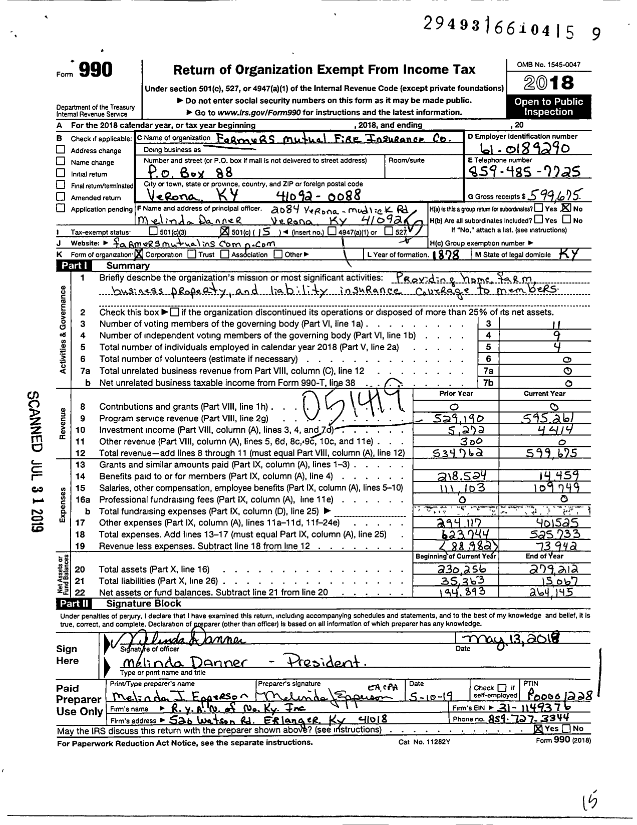 Image of first page of 2018 Form 990O for Farmers Mutual Fire Insurance Company