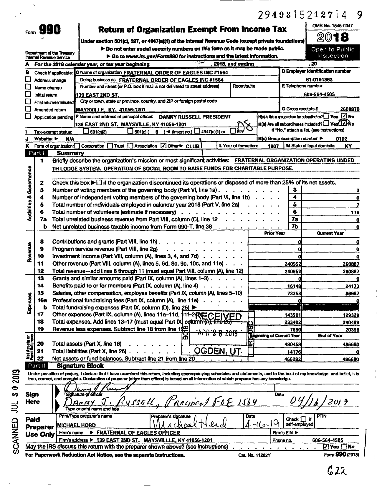 Image of first page of 2018 Form 990O for Fraternal Order of Eagles - 1564 Aerie