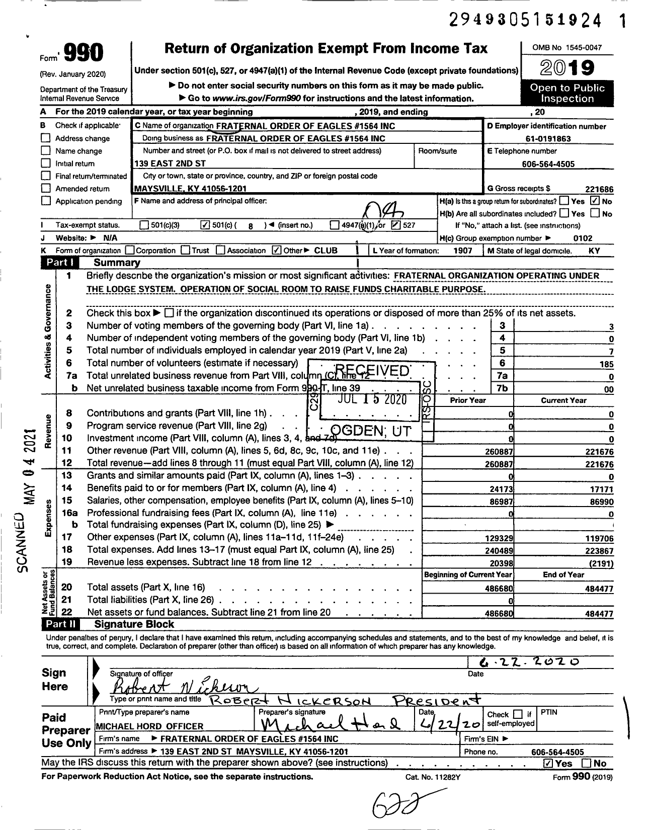 Image of first page of 2019 Form 990O for Fraternal Order of Eagles - 1564 Aerie