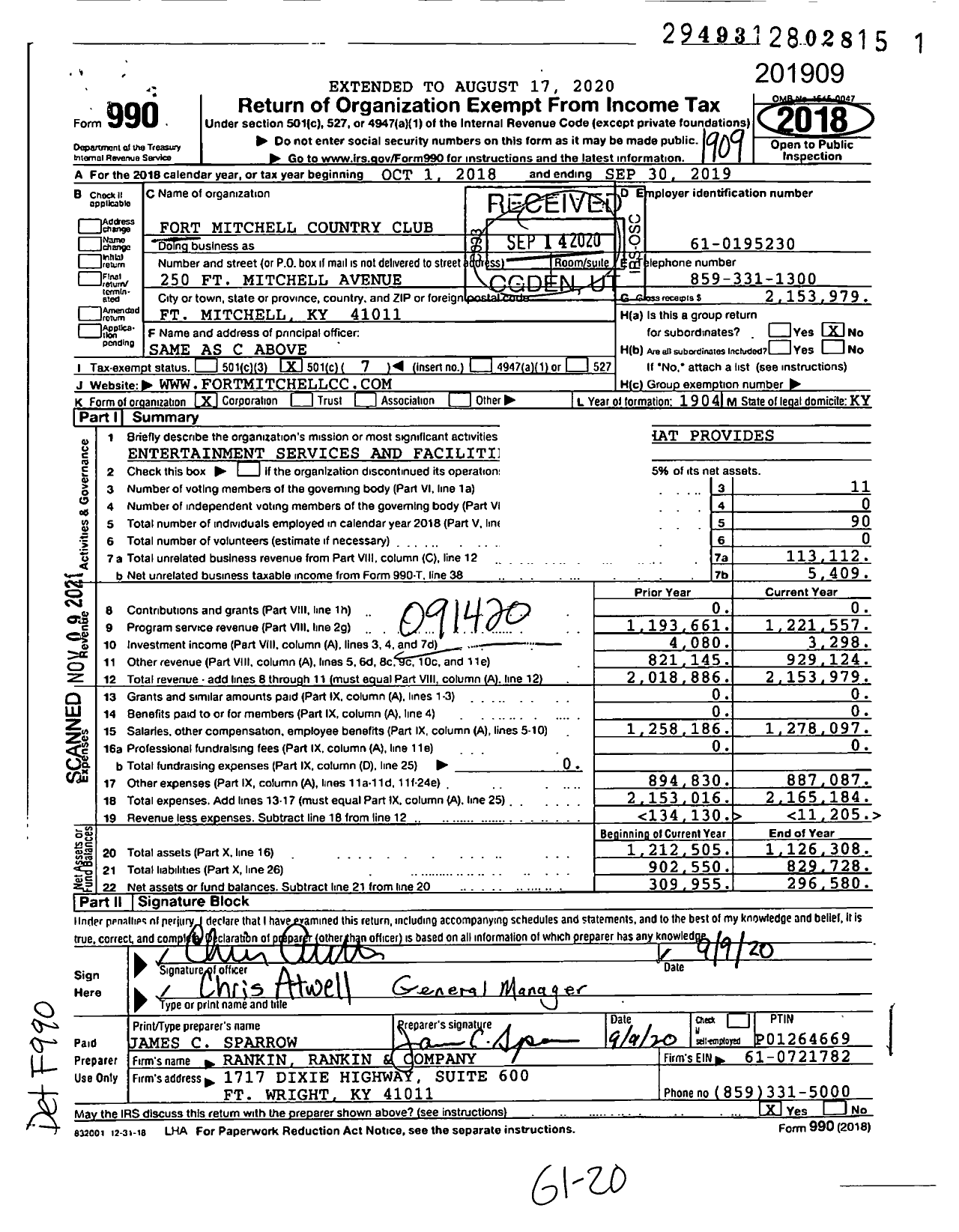 Image of first page of 2018 Form 990O for Fort Mitchell Country Club (FMCC)