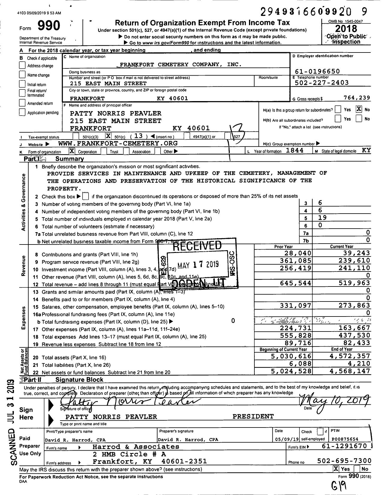 Image of first page of 2018 Form 990O for Frankfort Cemetery Company